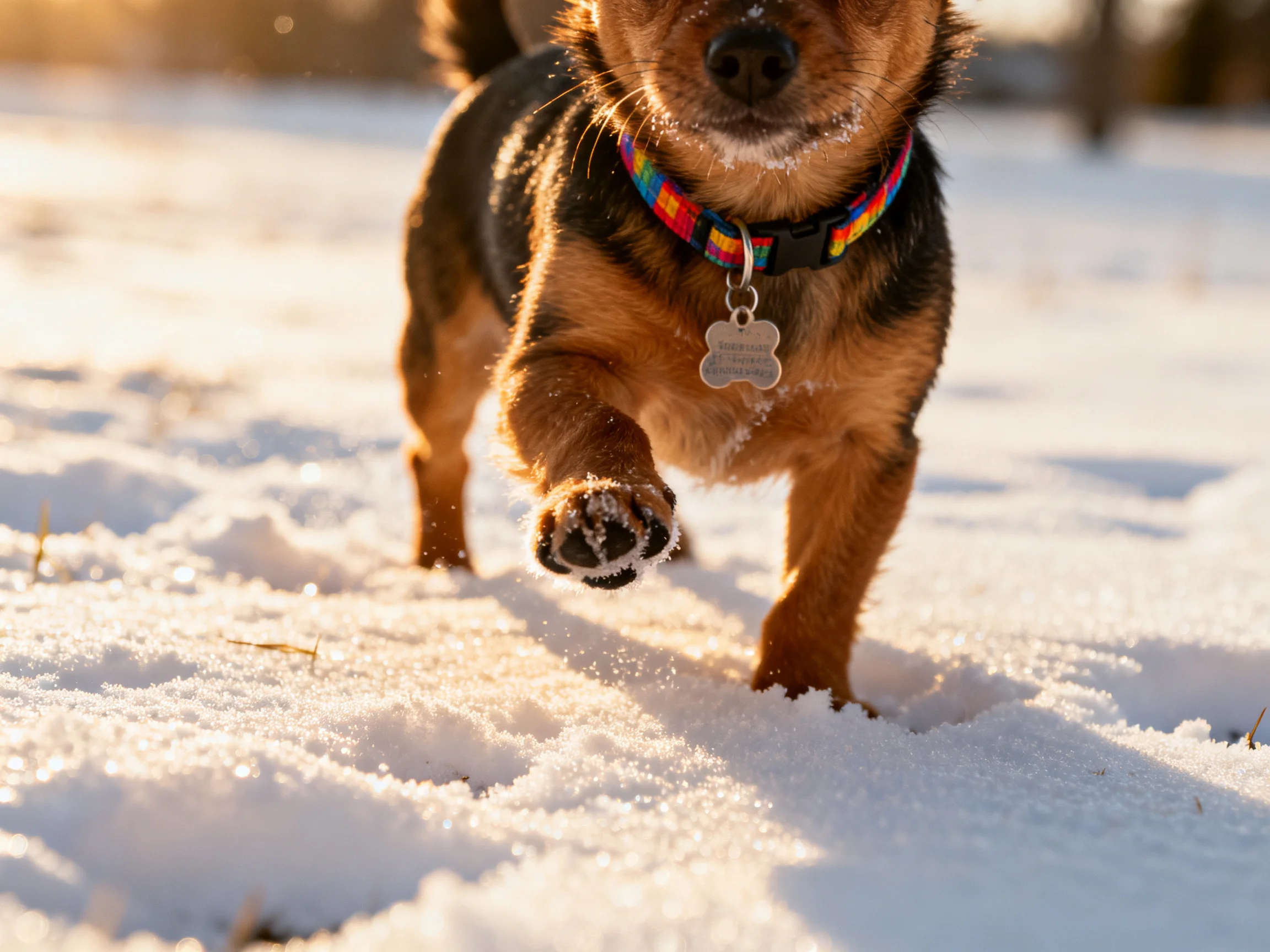 A small dog with a rainbow collar runs through snowy terrain.