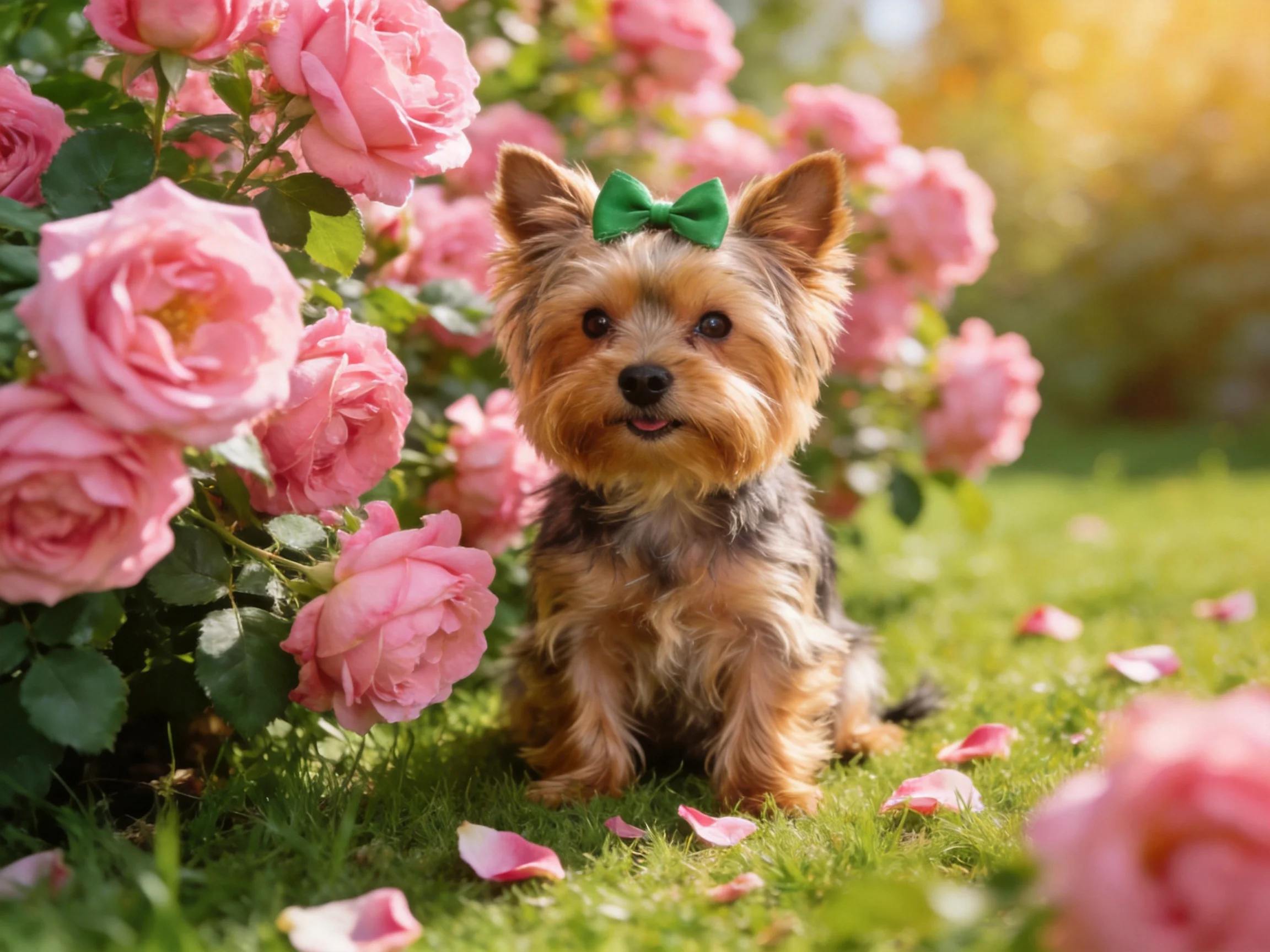 A small brown dog with a green bow sits among pink roses on green grass