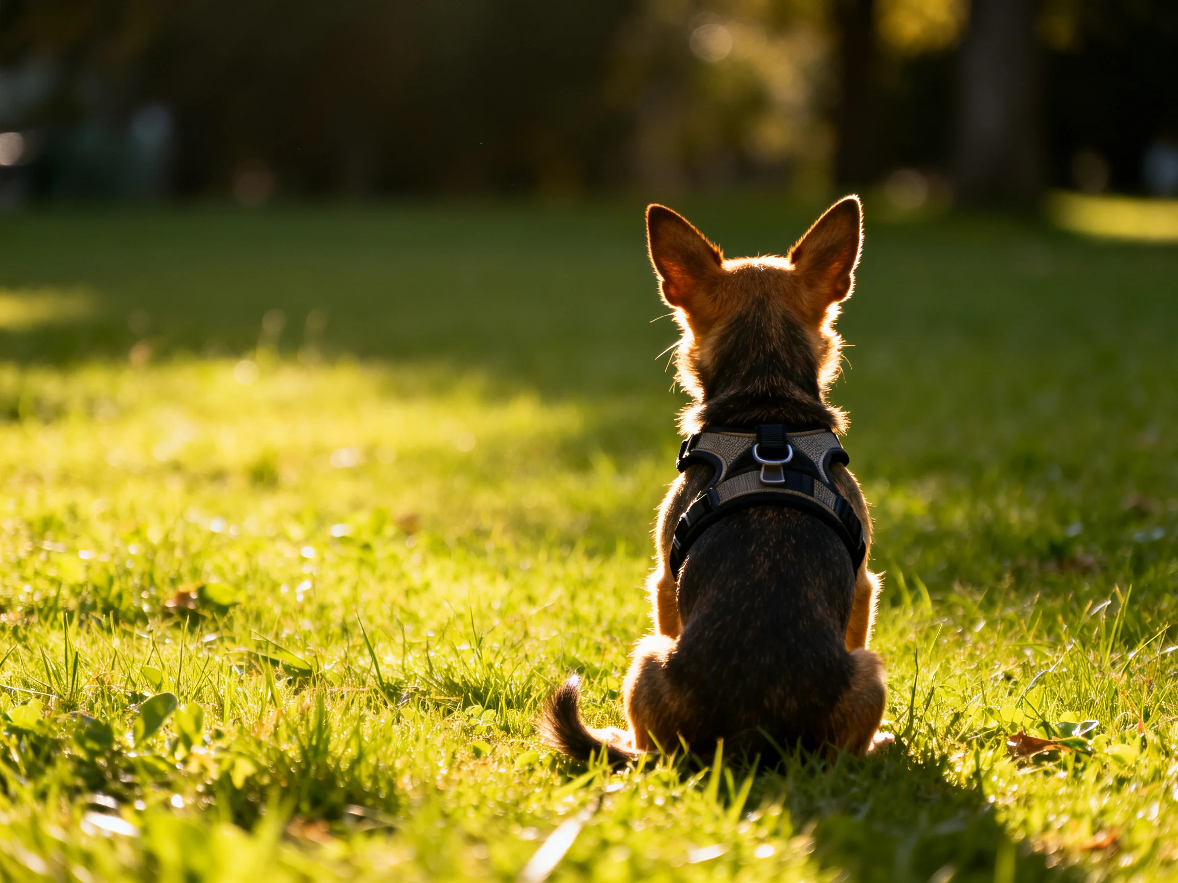 A small brown dog with a harness sits on sunlit green grass