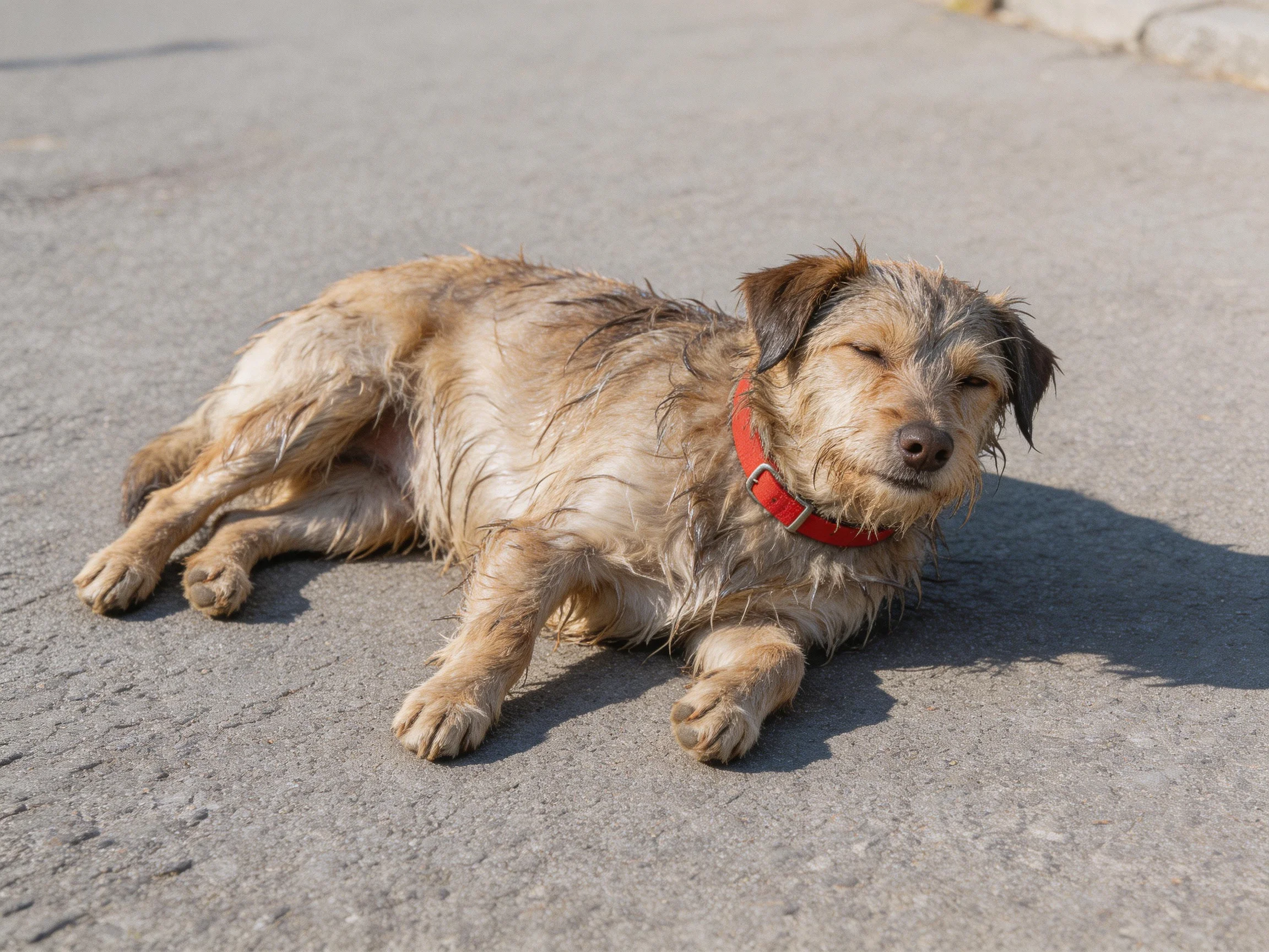 A small brown dog with a red collar relaxes on sunlit pavement.
