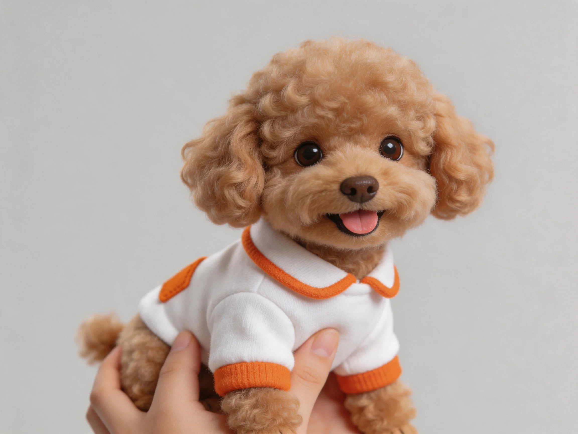 A small brown poodle wearing a white-orange collared outfit