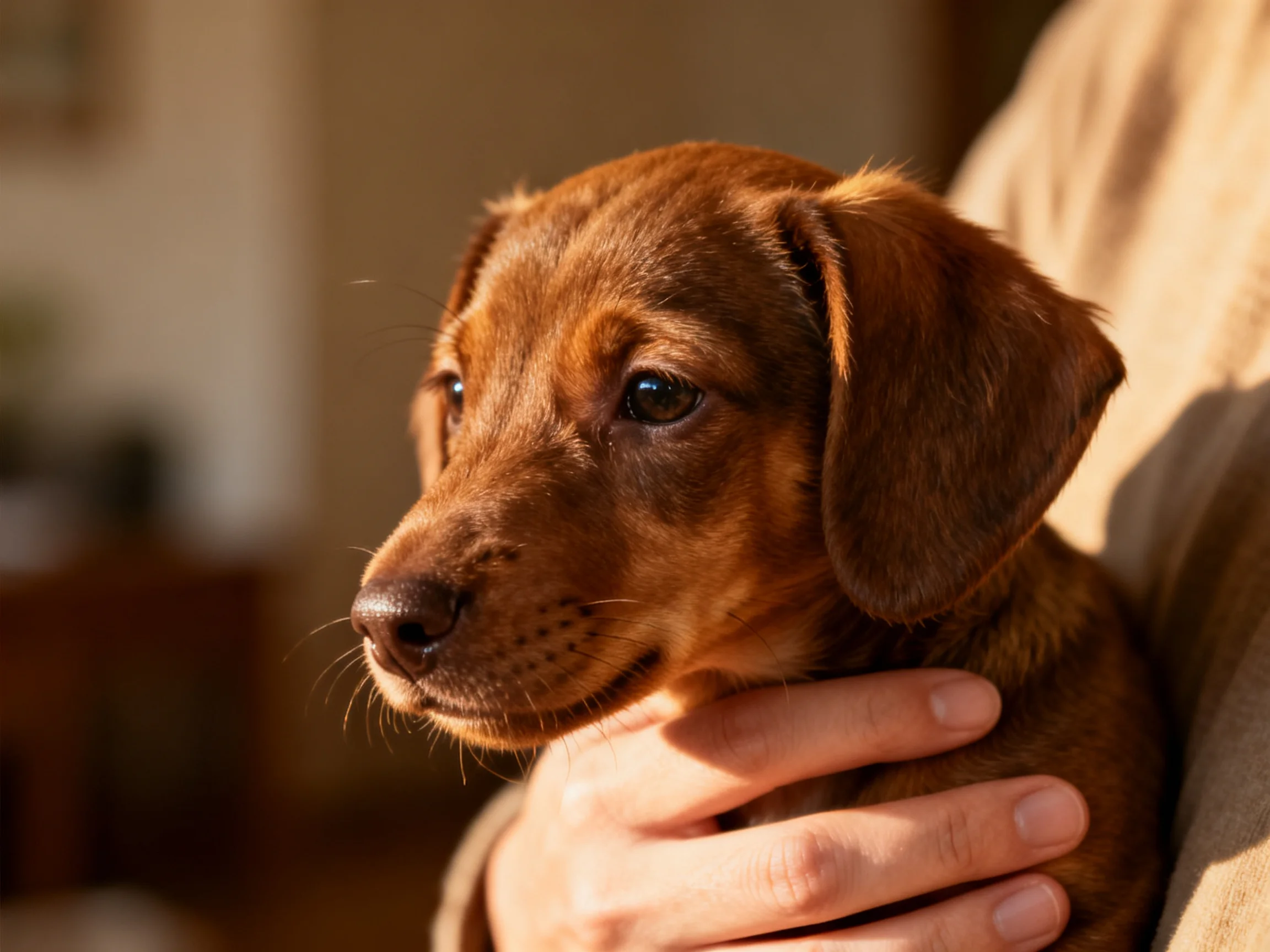A small brown puppy cradled in a persons hand with warm lighting