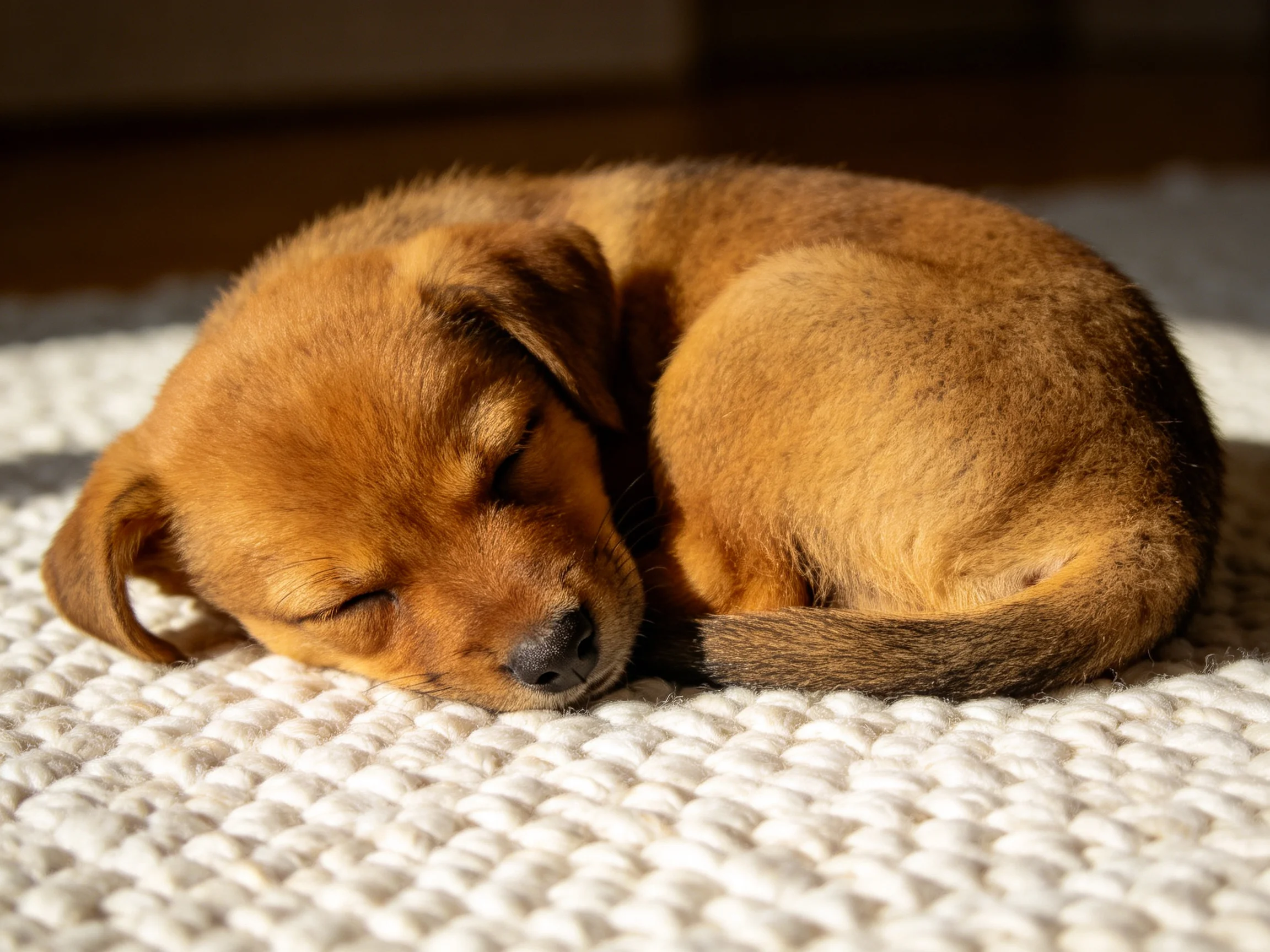 A small brown puppy curls up asleep on a white rug