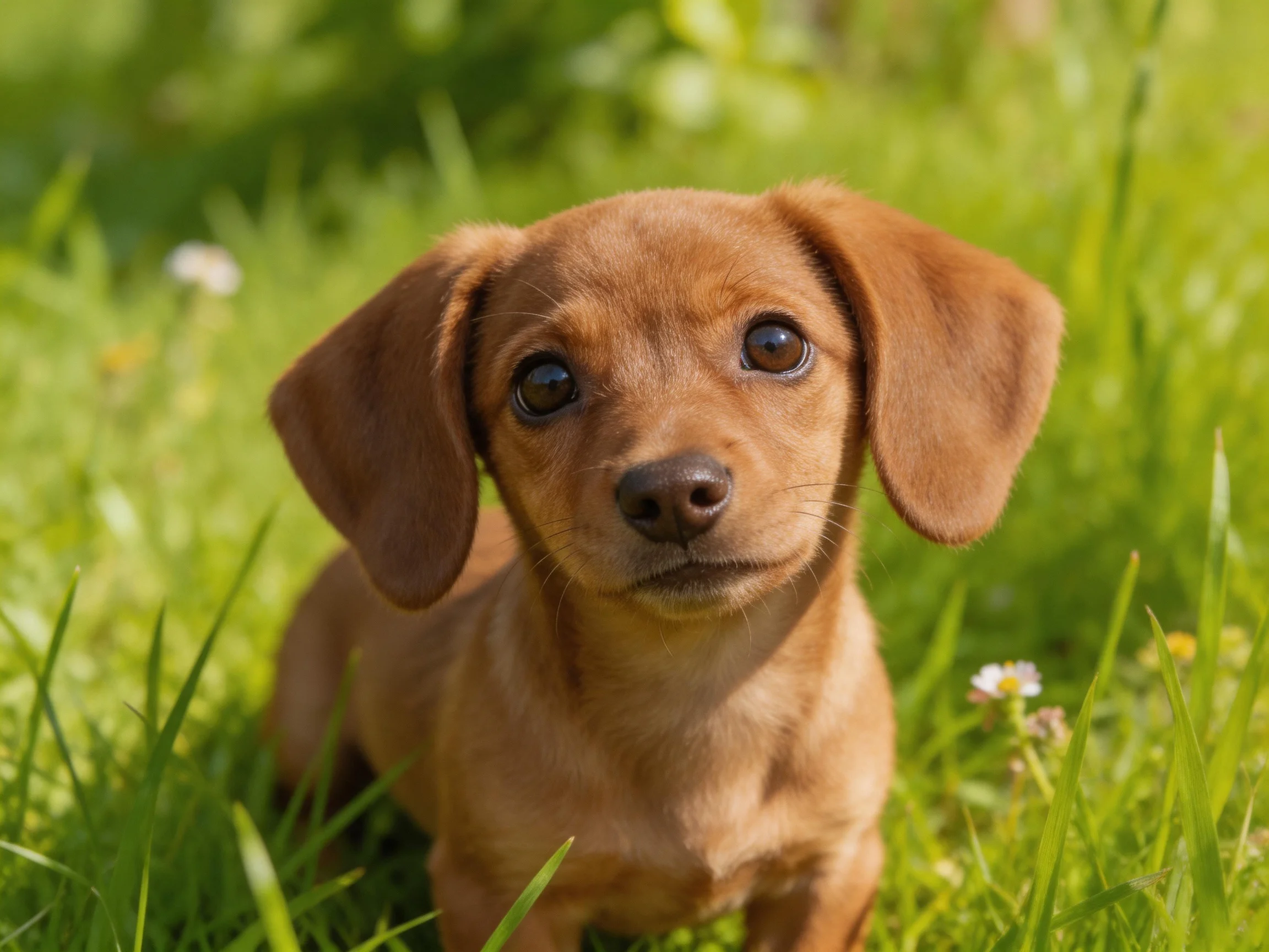 A small brown puppy sits calmly among tall green grass.