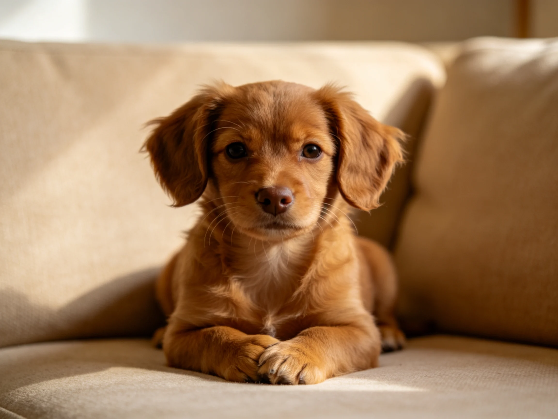 A small brown puppy sits calmly on a beige sofa in a sunlit room.