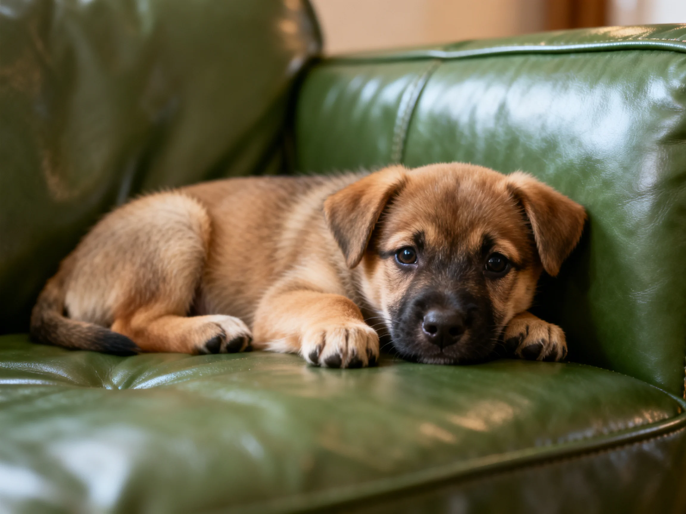 A small brown puppy relaxes on a green leather couch.