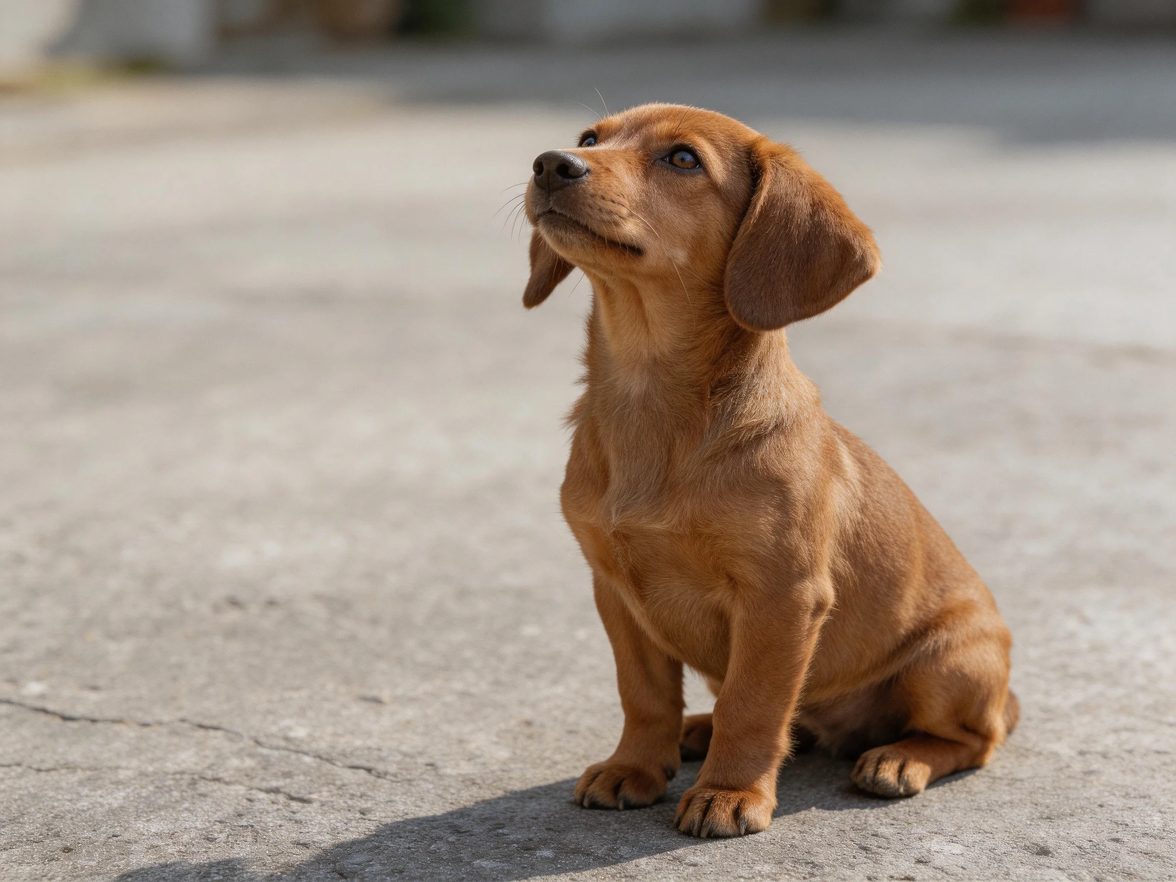 A small brown puppy sits attentivelyon smooth pavement in bright daylight.