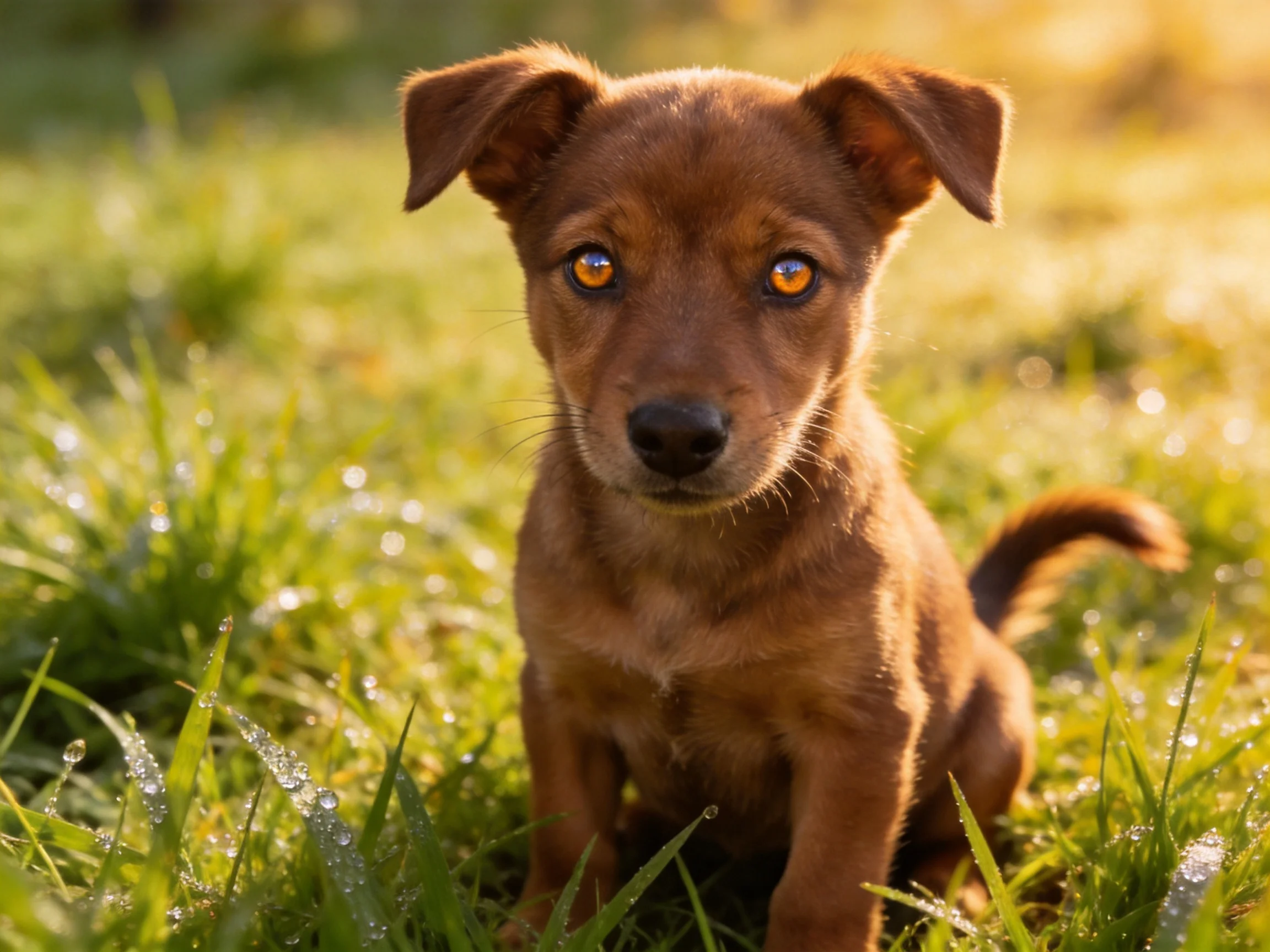 A small brown puppy sits in dewy green grass under golden sunlight
