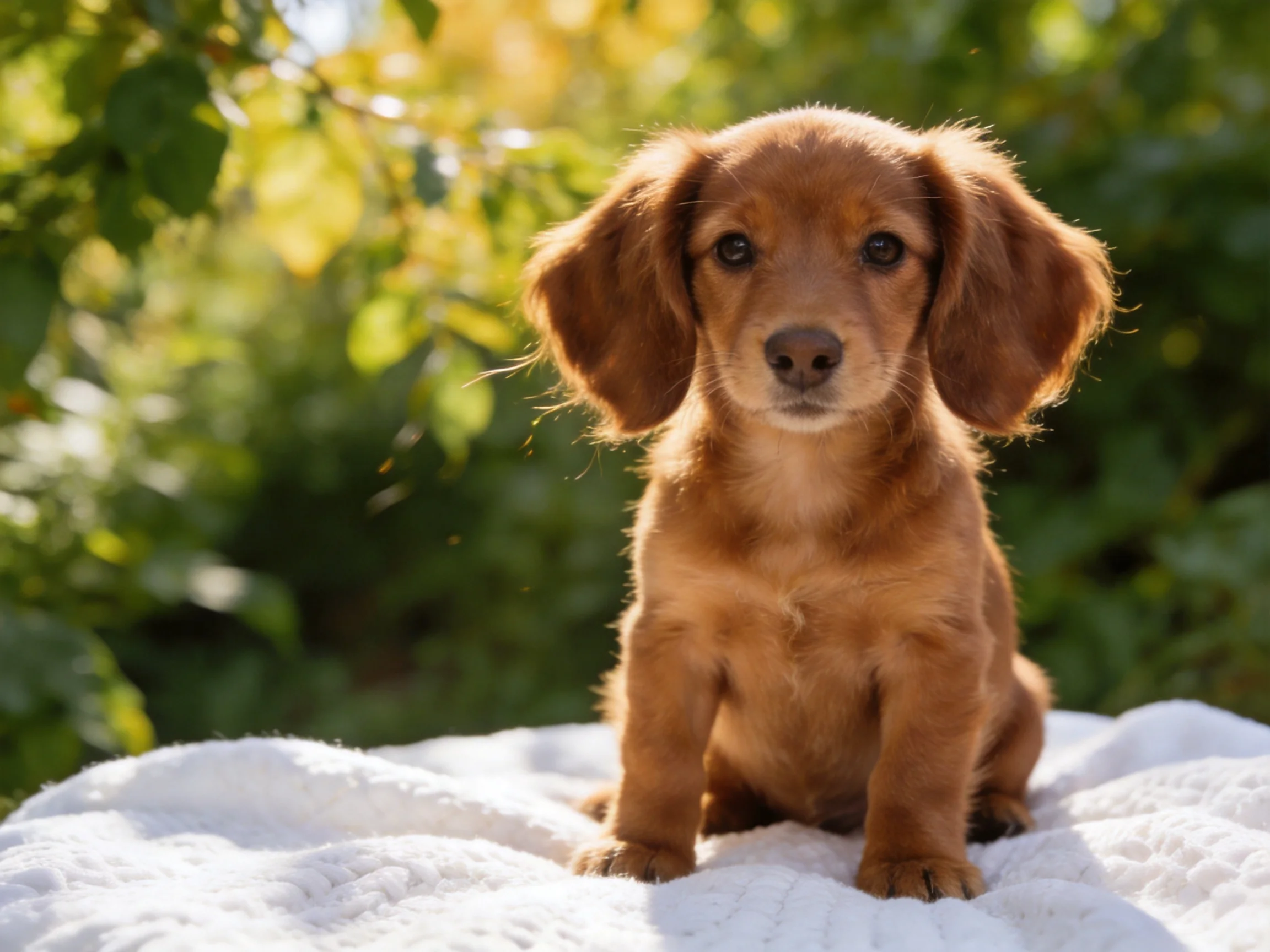 A small brown puppy sits on a white blanket amid lush green foliage