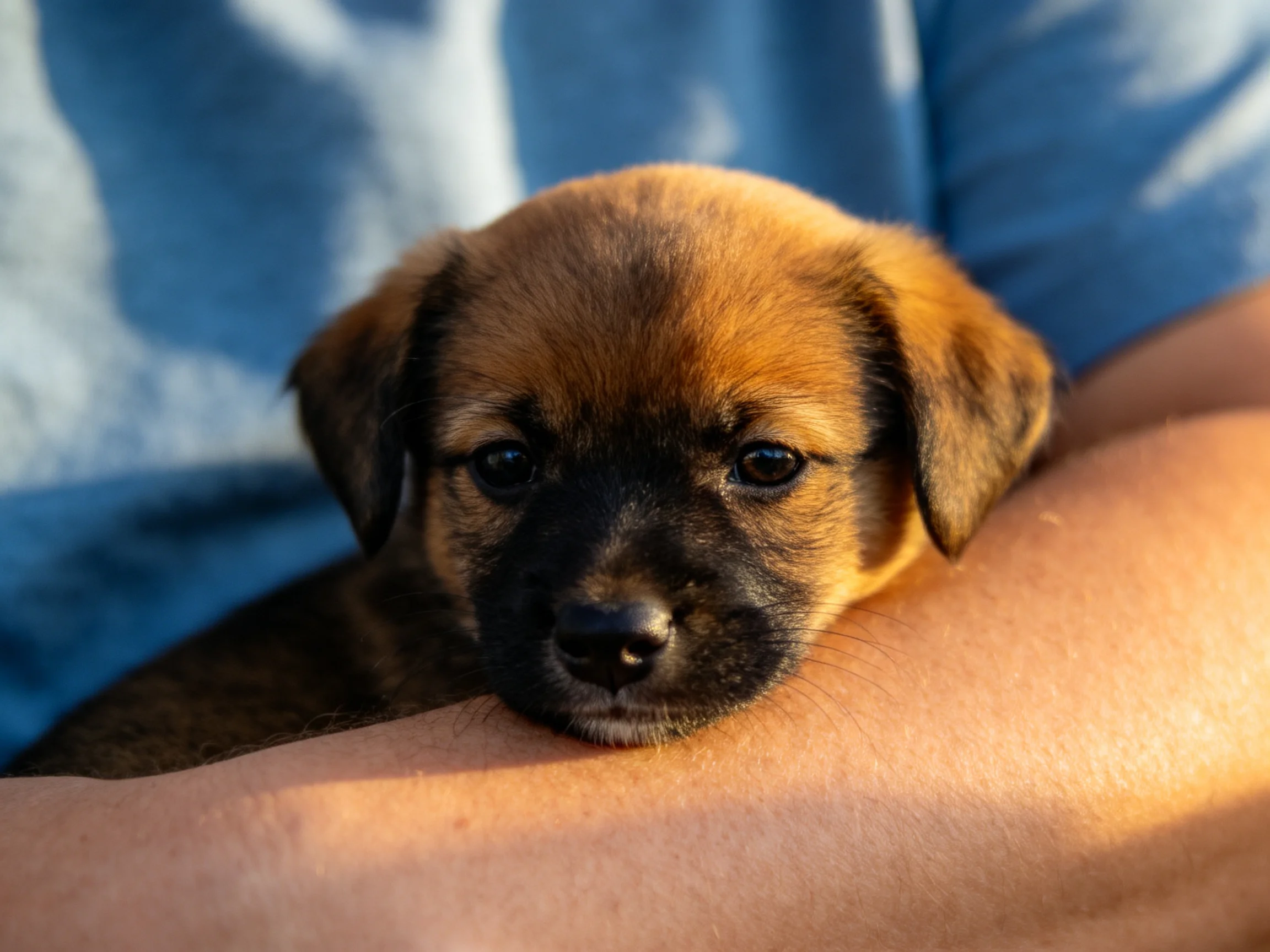 A small brown puppy with dark facial markings rests on a persons arm.