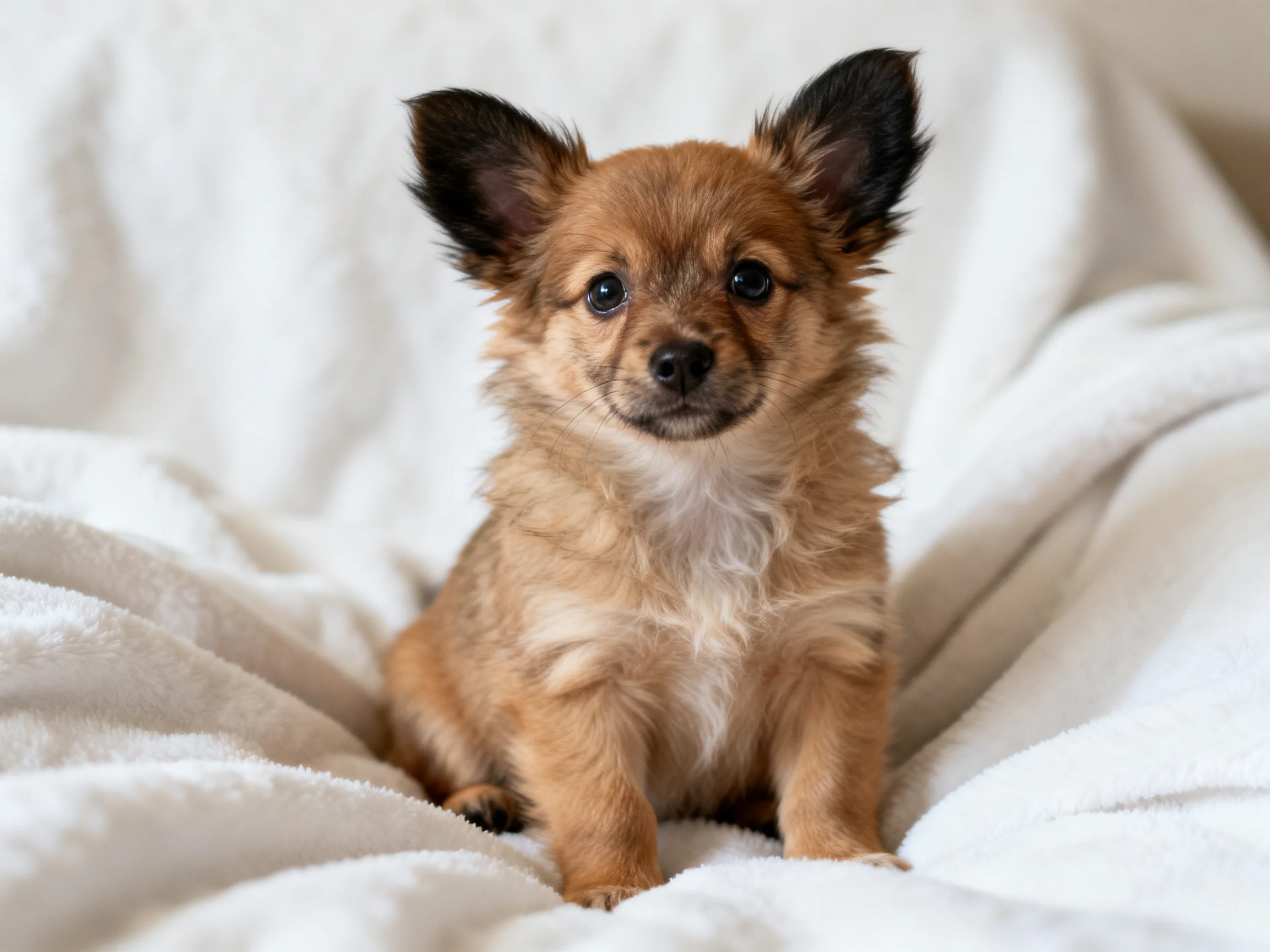 A small brown puppy sits calmly on a soft white blanket