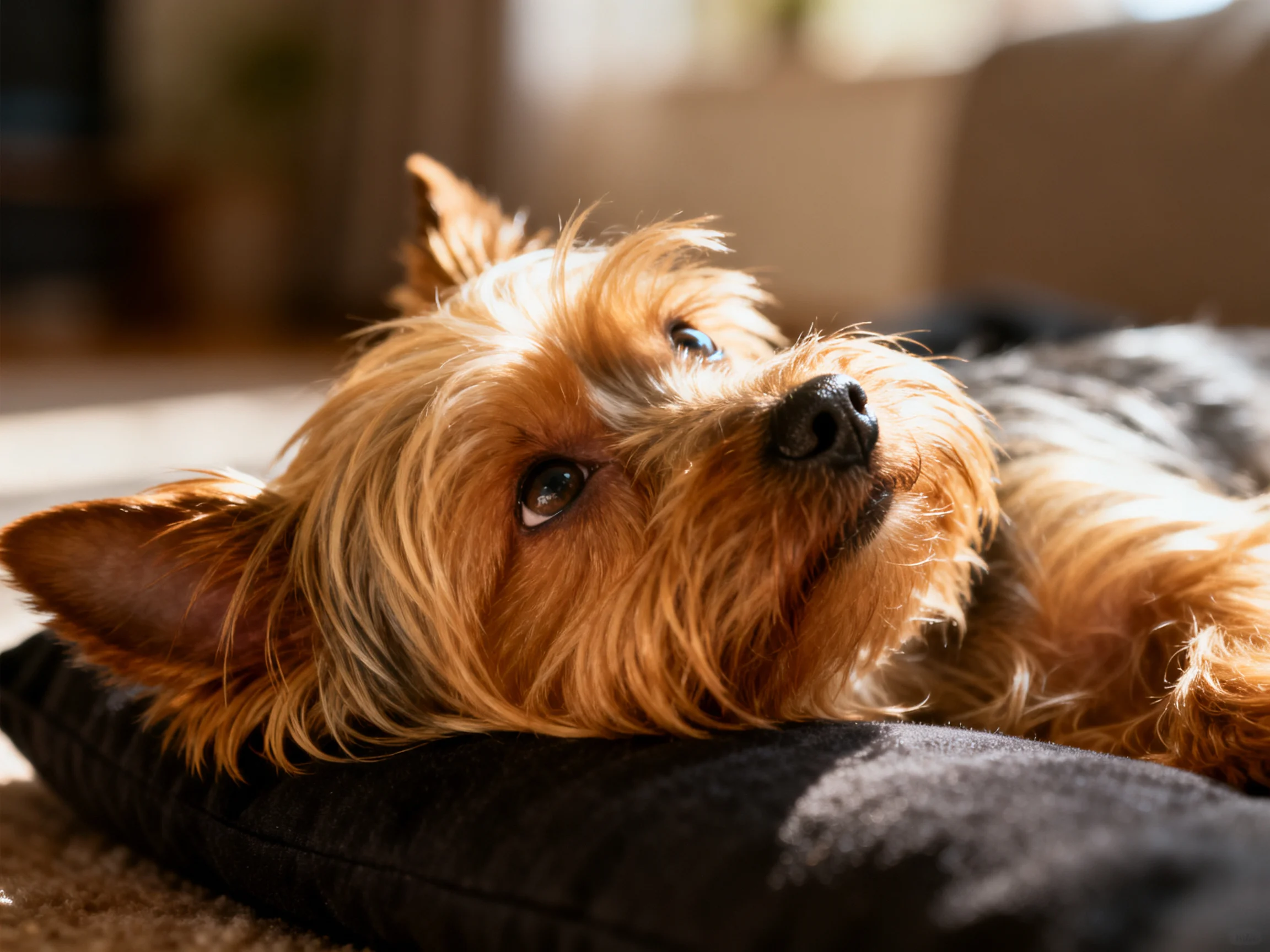 A small brown terrier rests on a black cushion in cozy indoor light