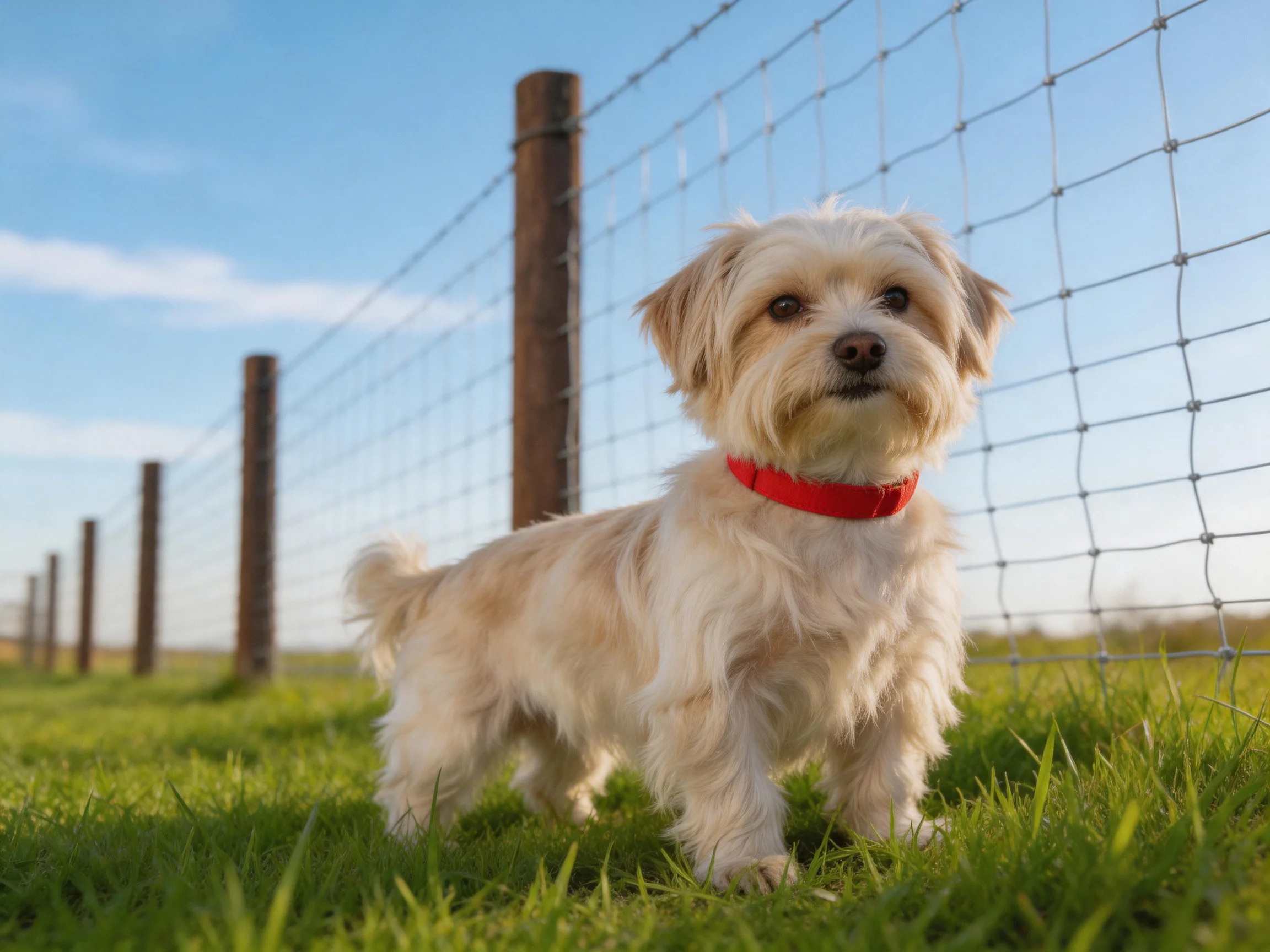 A small cream - coated dog with a red collar stands near a wire fence.