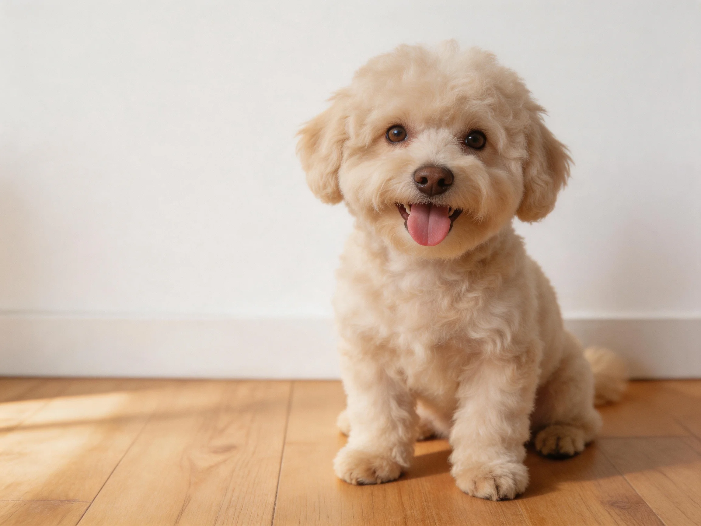 A small cream - colored curly - haired dog sitting on a wooden floor