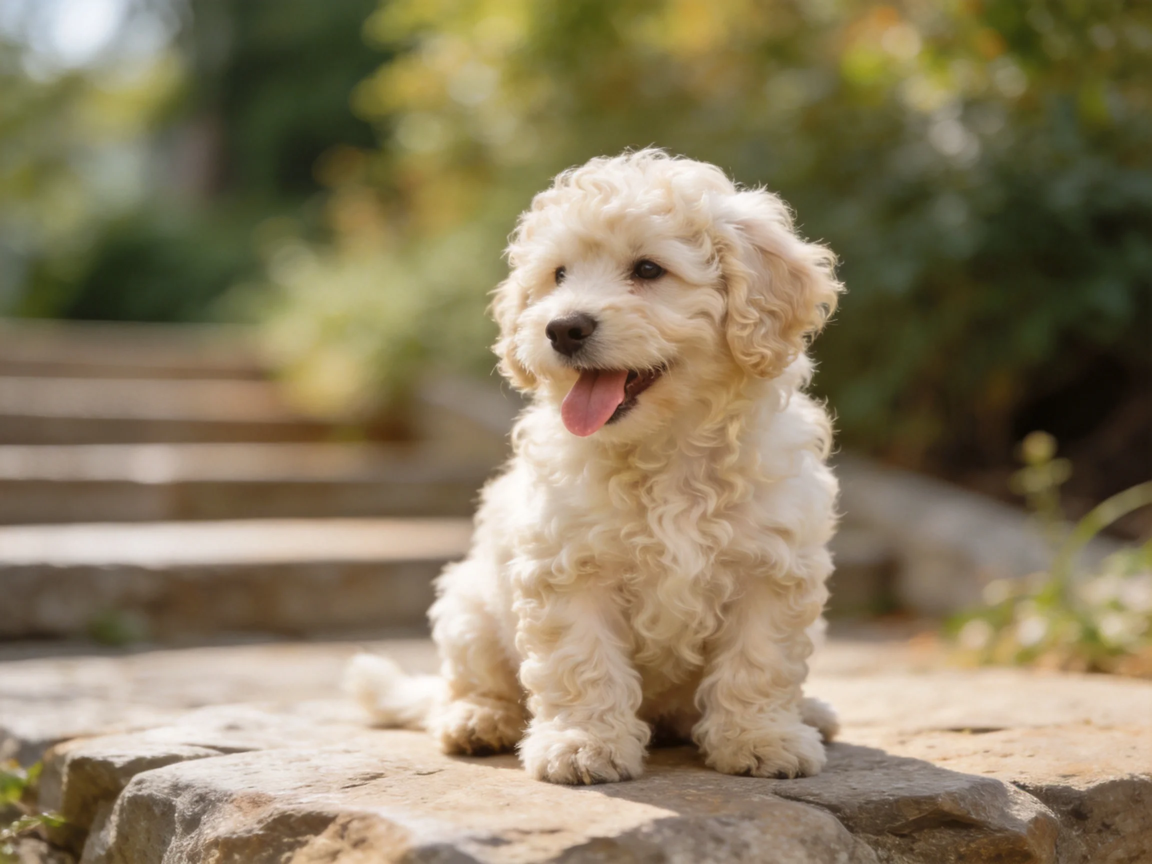 A small cream - colored curly - haired puppy sitting outdoors