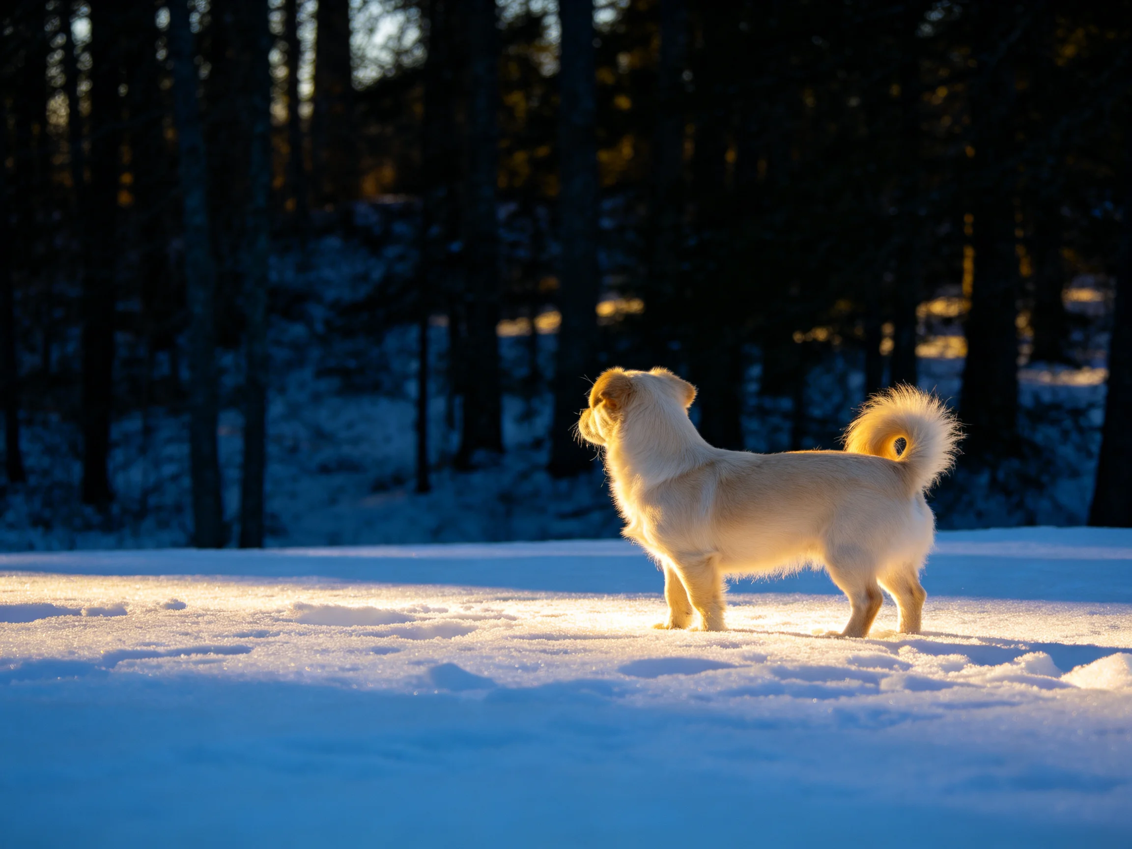 A small cream - colored dog on a snowy field near dark woods