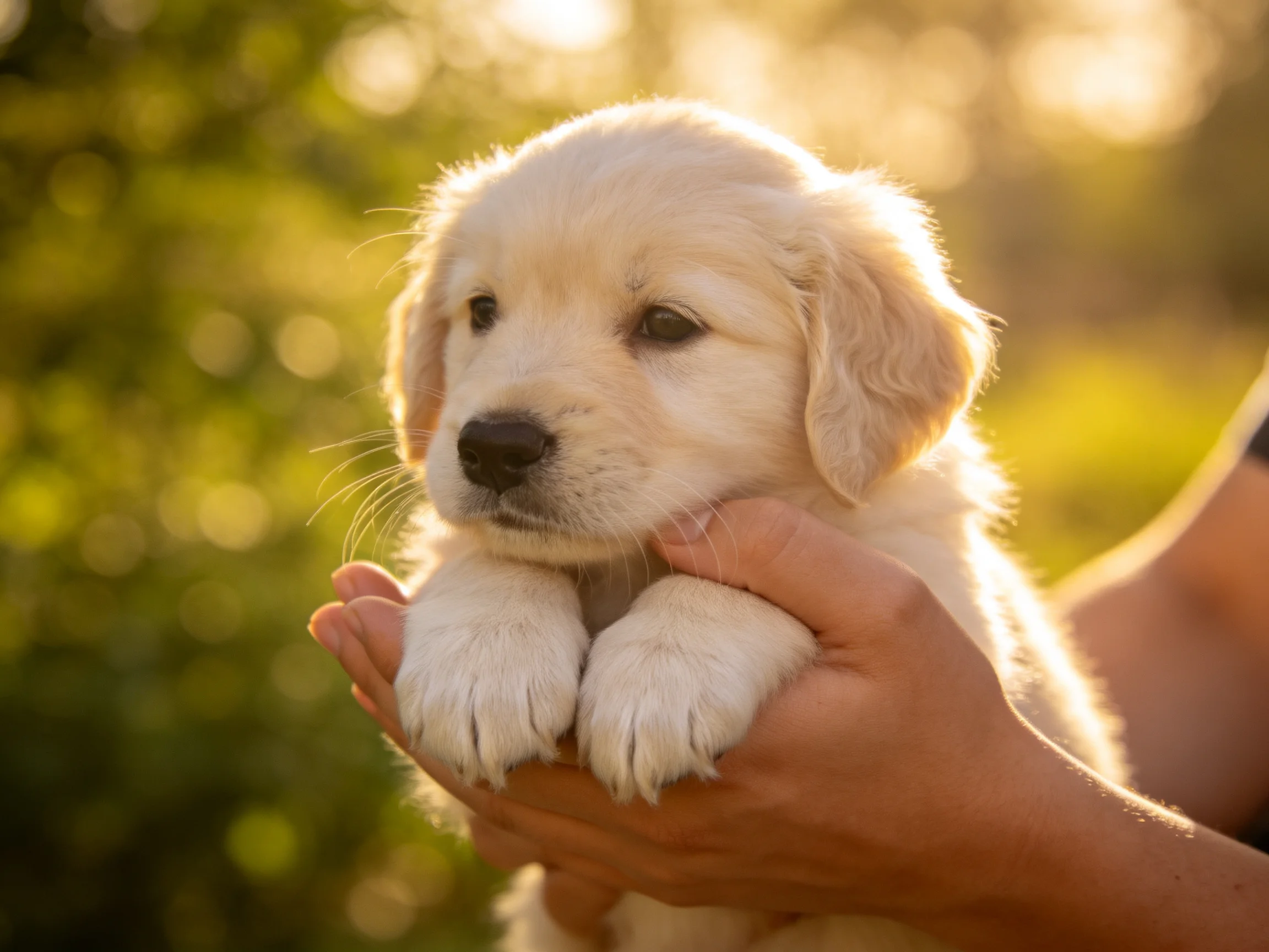 A small cream - colored puppy cradled in hands under golden sunlight