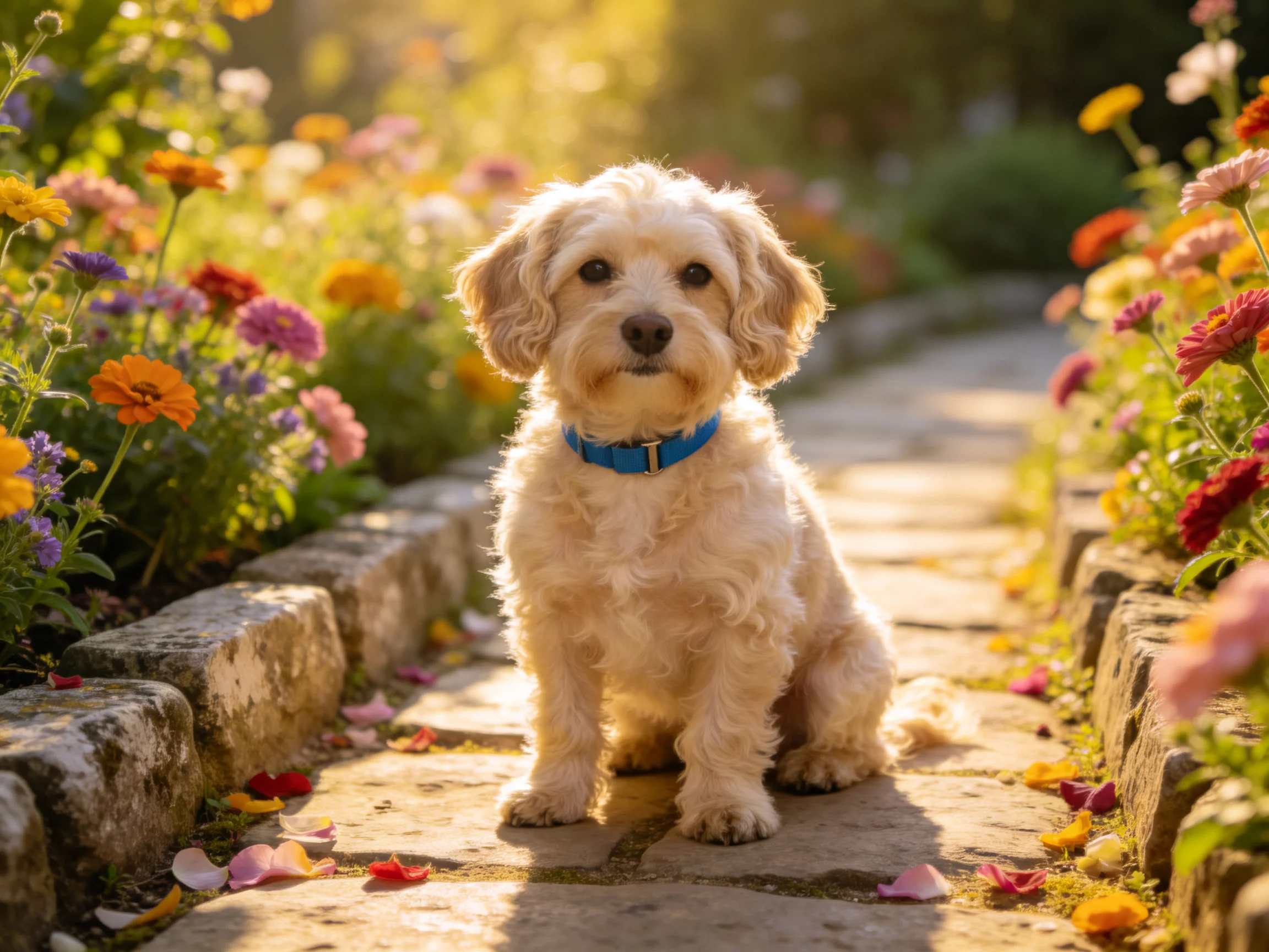 A small cream dog sits amid vibrant flower beds on a stone path