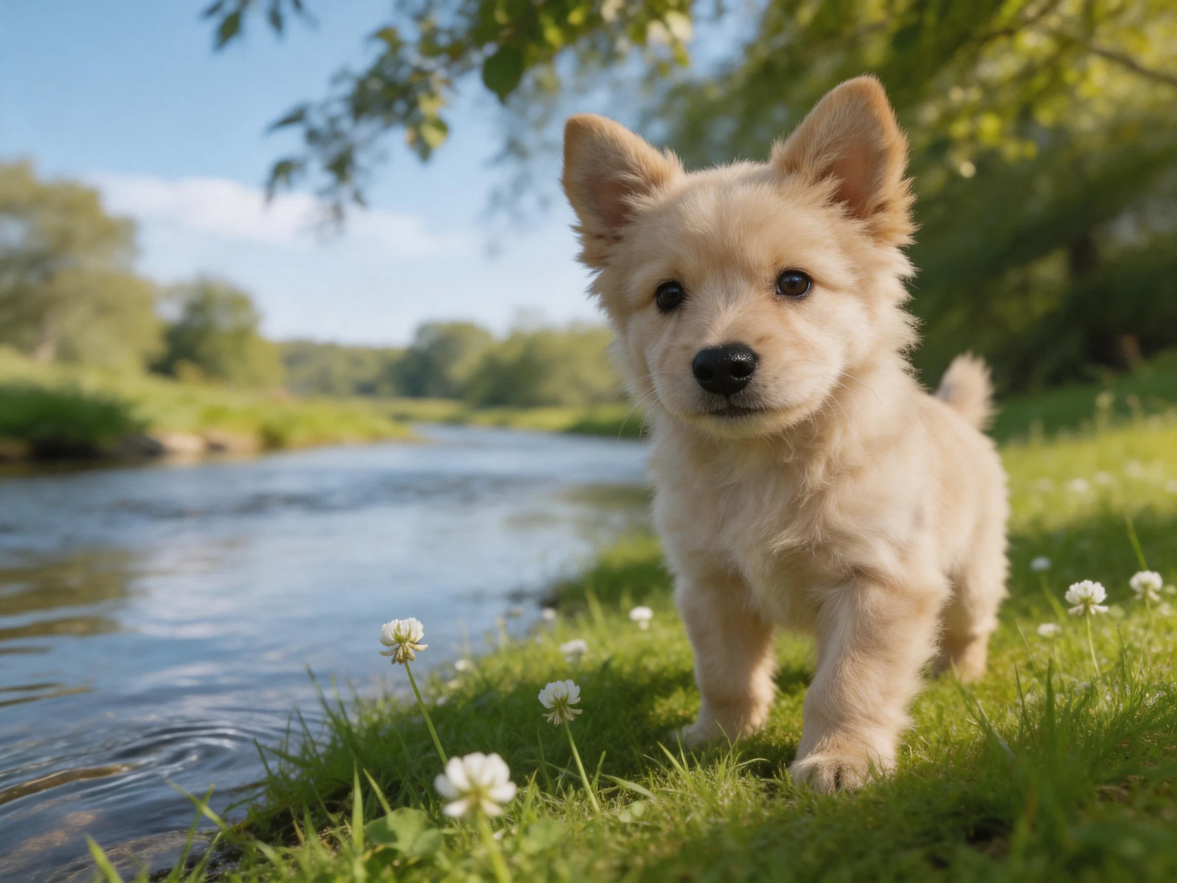 A small cream puppy explores a grassy riverside area with white flowers.