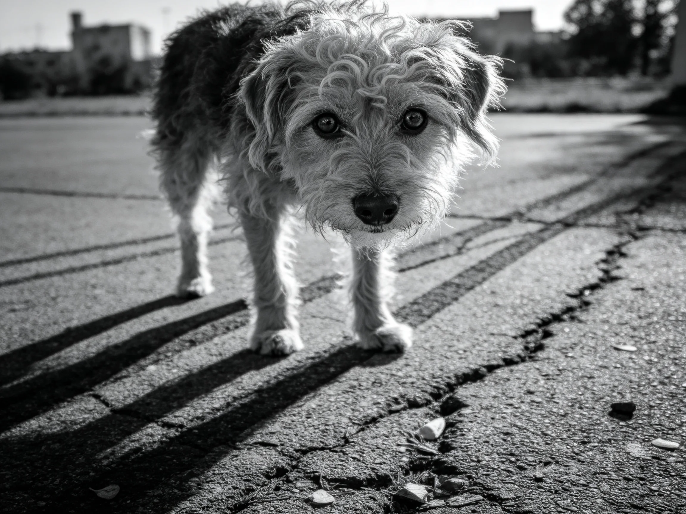 A small curly-haired dog stands on cracked asphalt in black and white