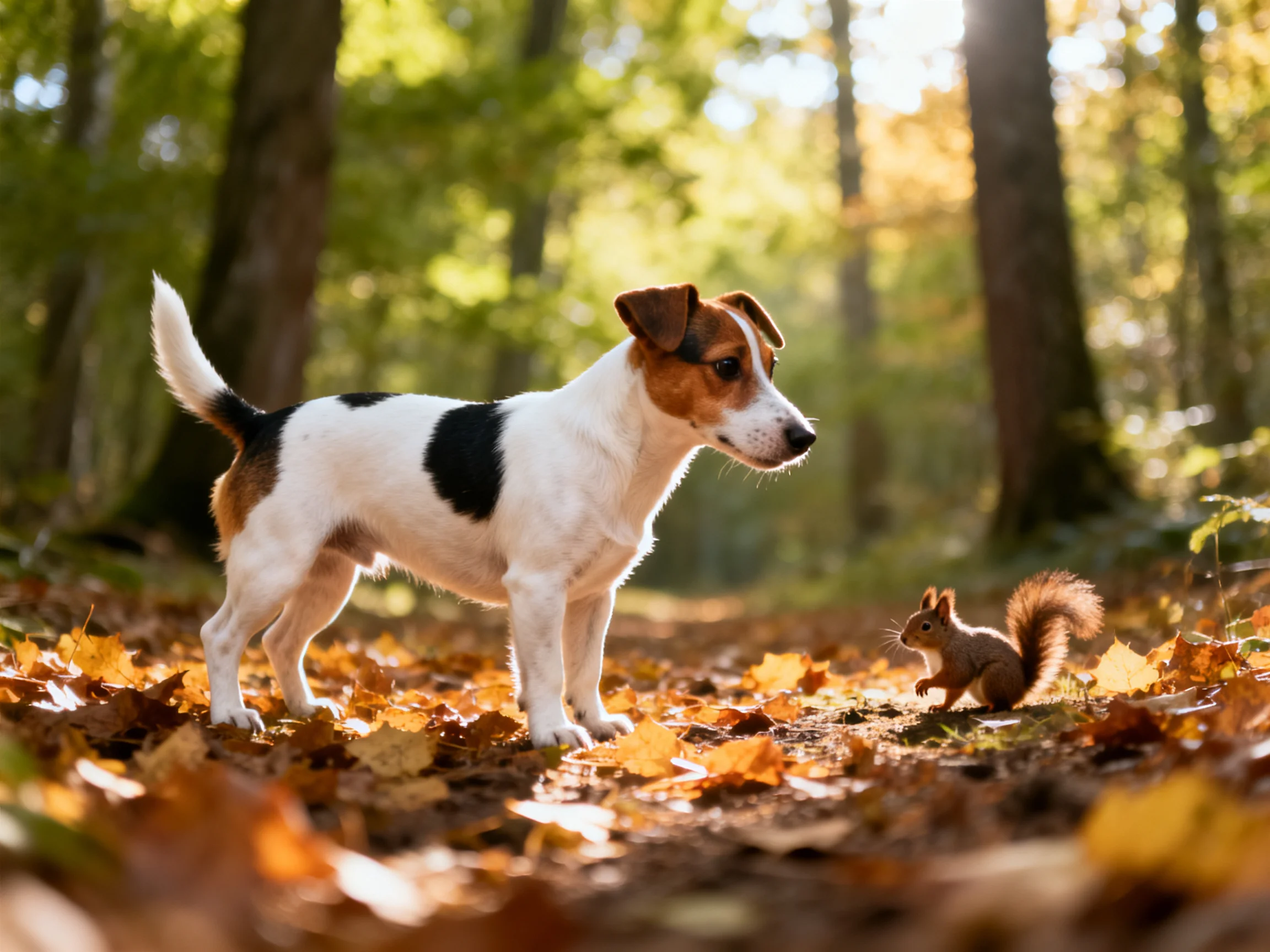 A small dog watches a squirrel on a leaf-strewn forest path.