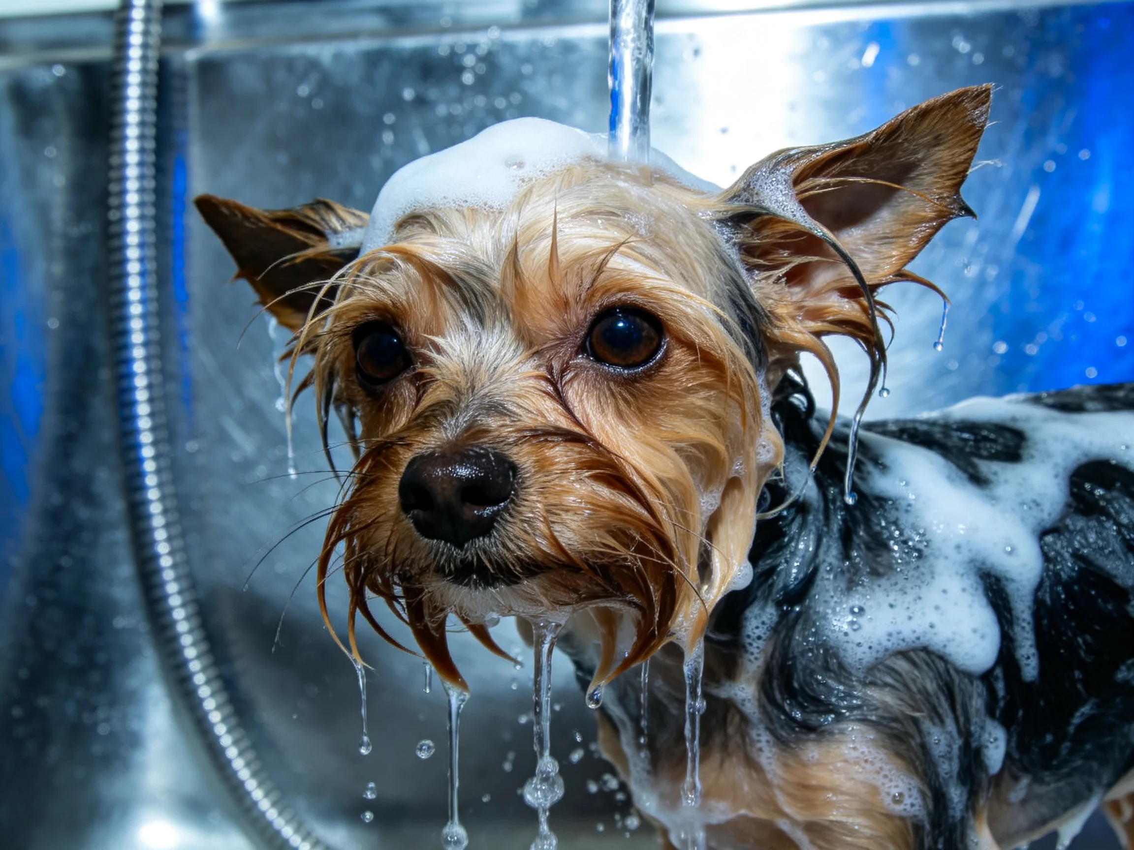 A small dog bathed in foamy soap with water dripping
