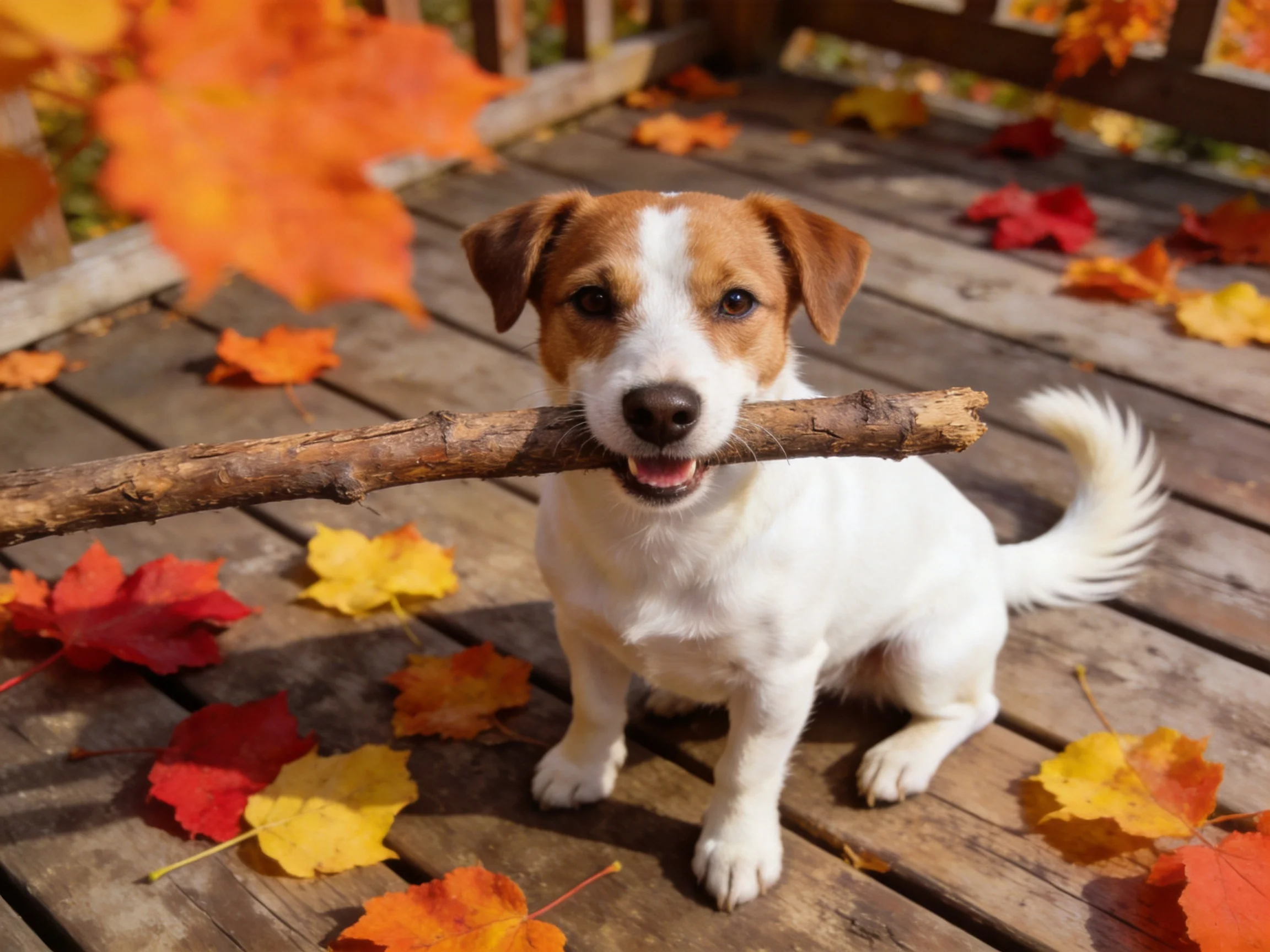 A small dog carries a branch among colorful fall leaves on a wooden deck