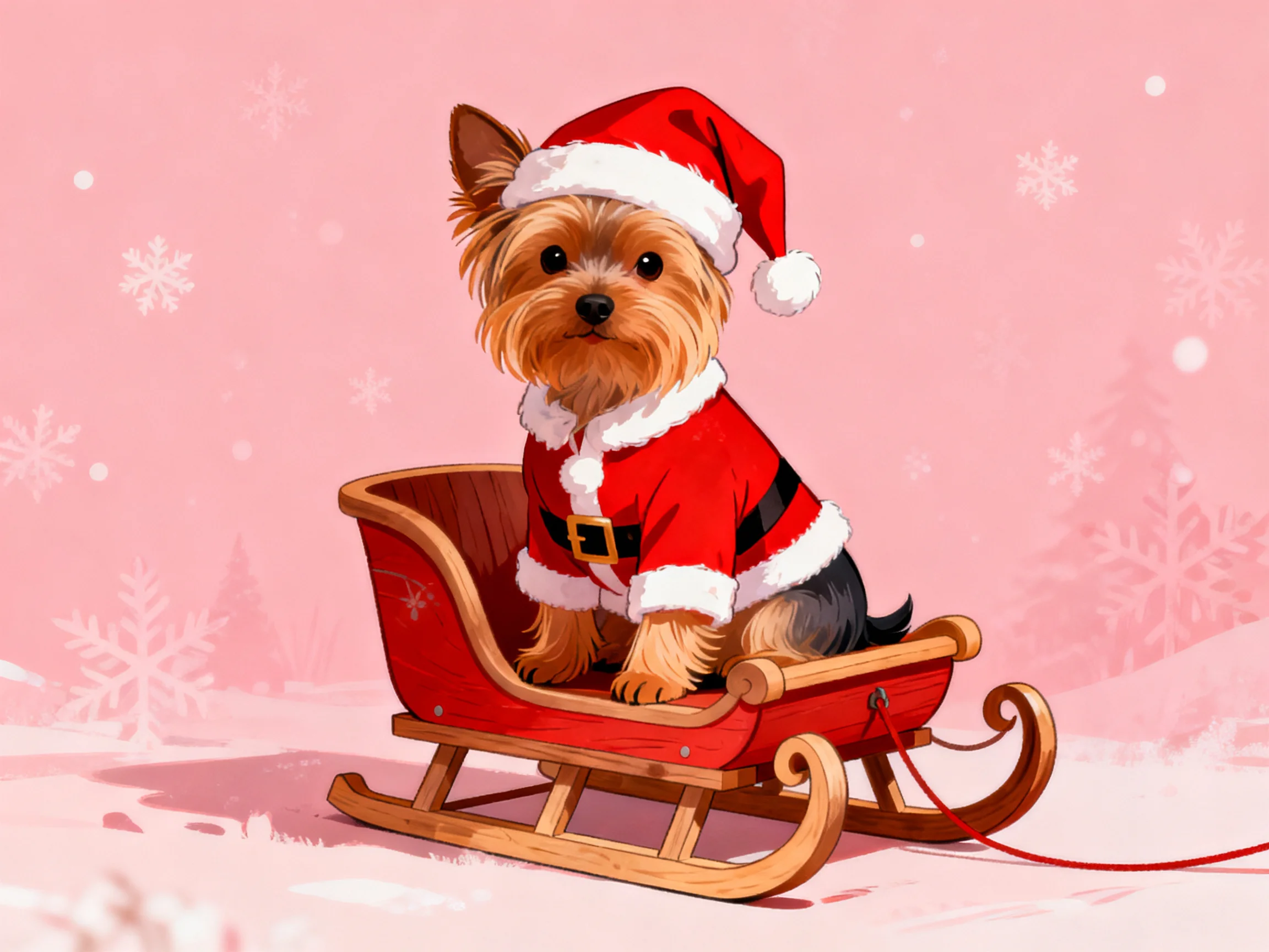 A small dog in a Santa outfit rides a wooden sled amid pink snowflakes