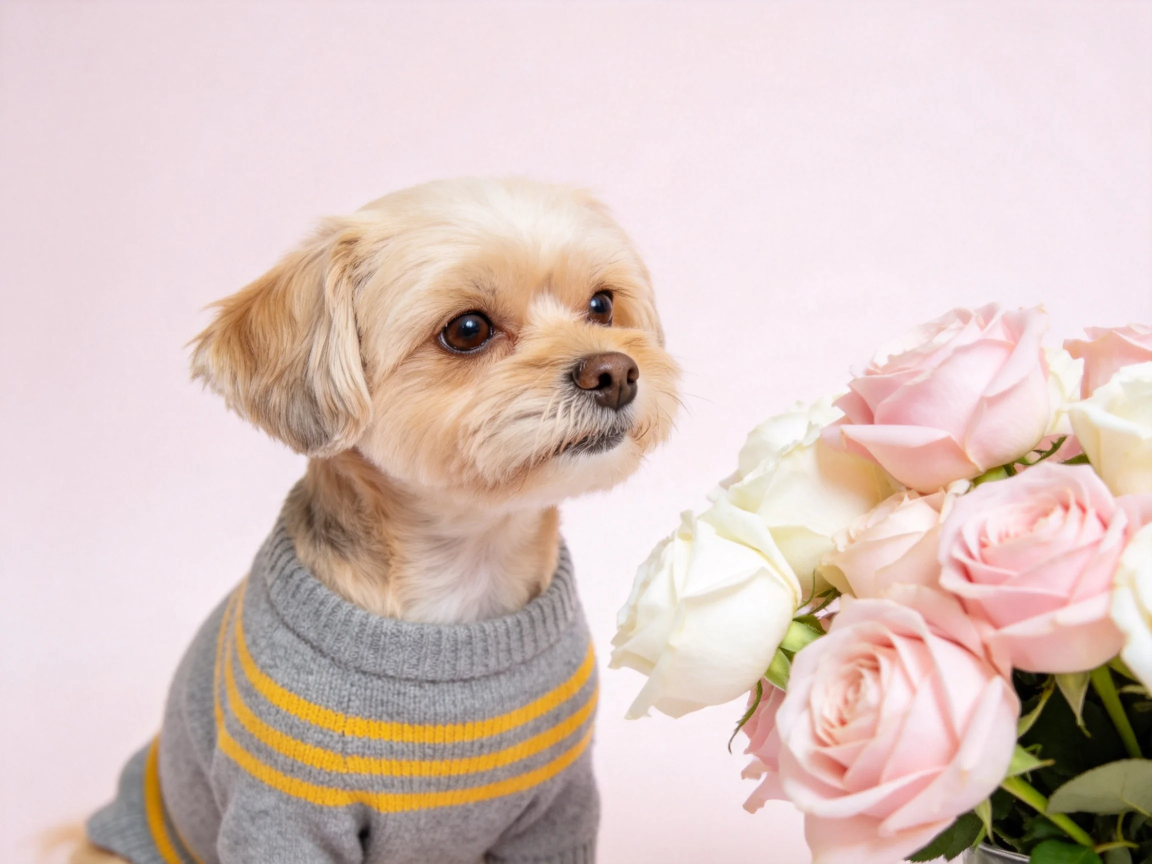 A small dog in a gray striped sweater near pink and white roses