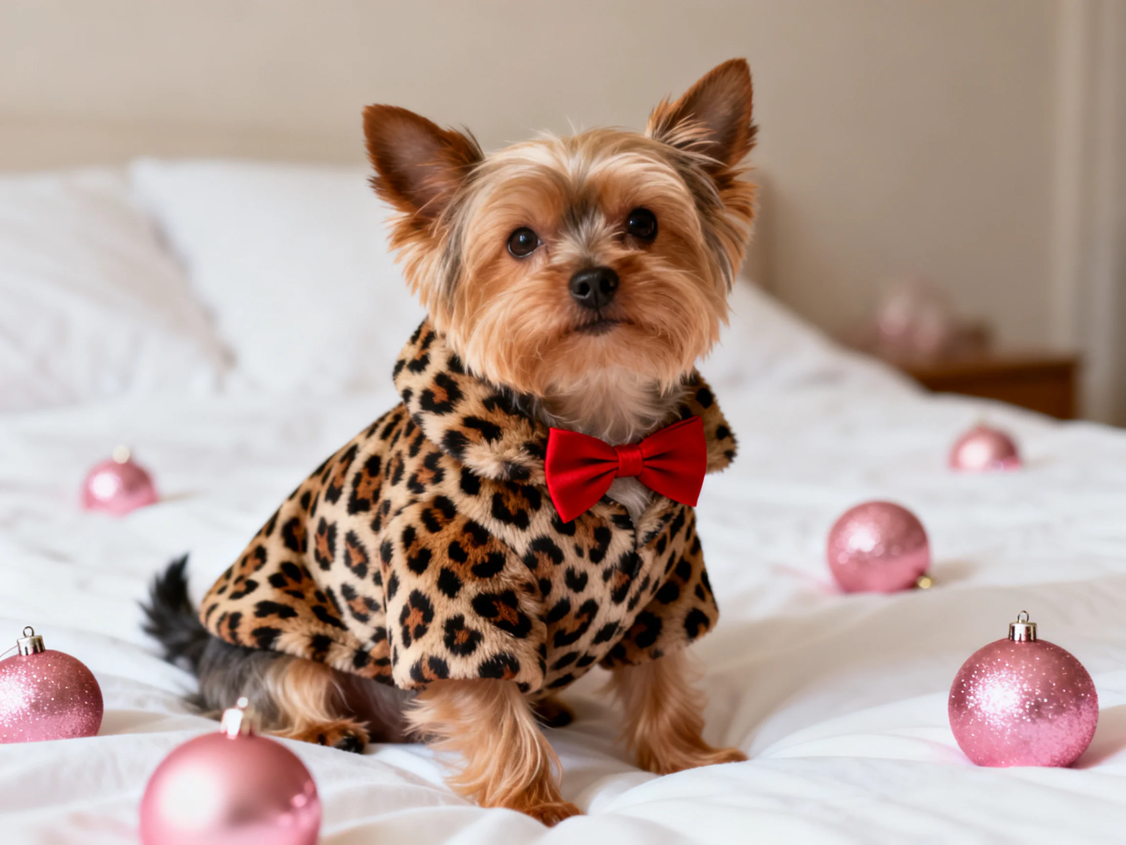 A small dog in a leopard - print coat with red bow tie sits among pink ornaments on a white bed