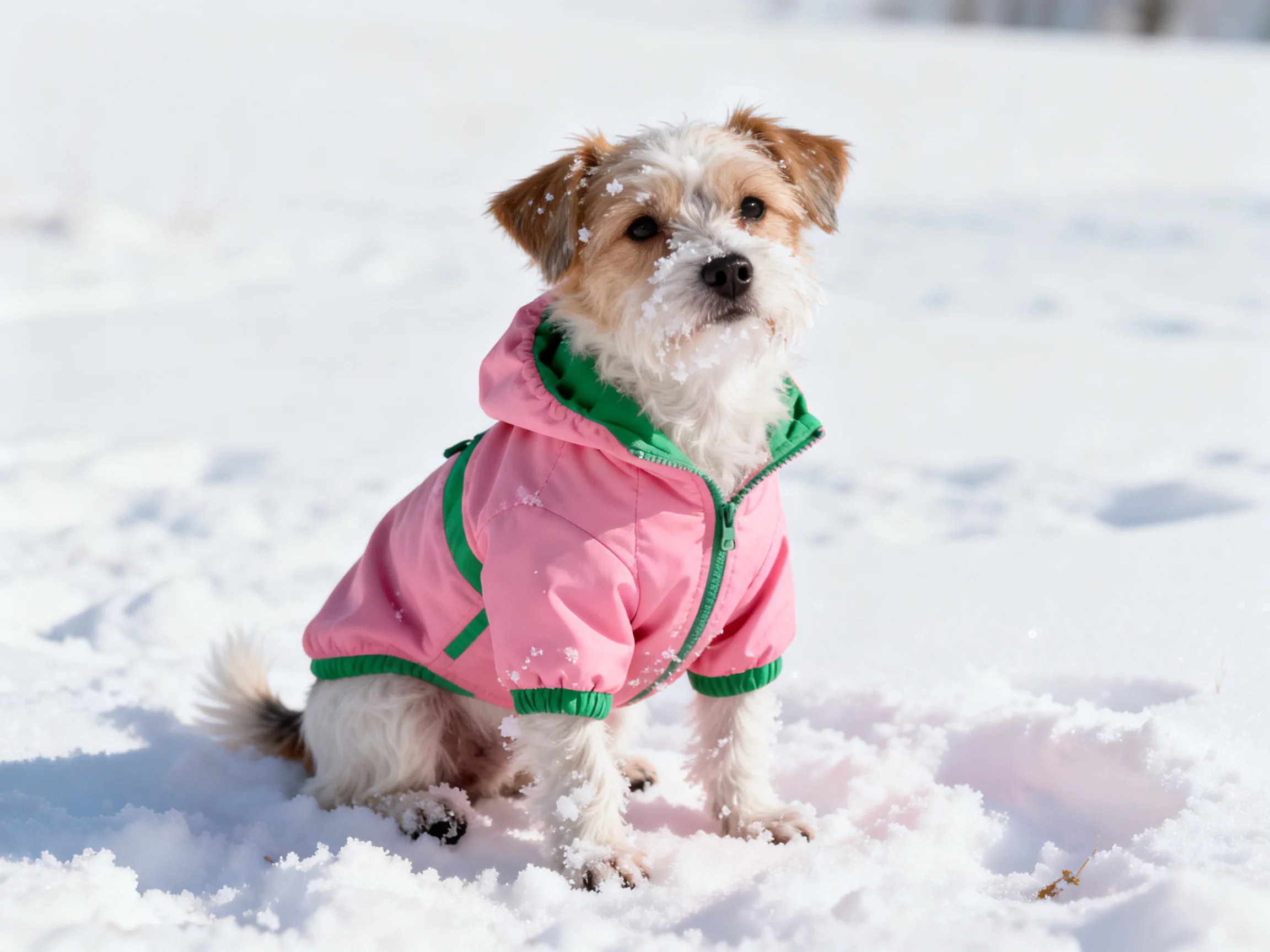 A small dog in a pink hooded coat sits in snow
