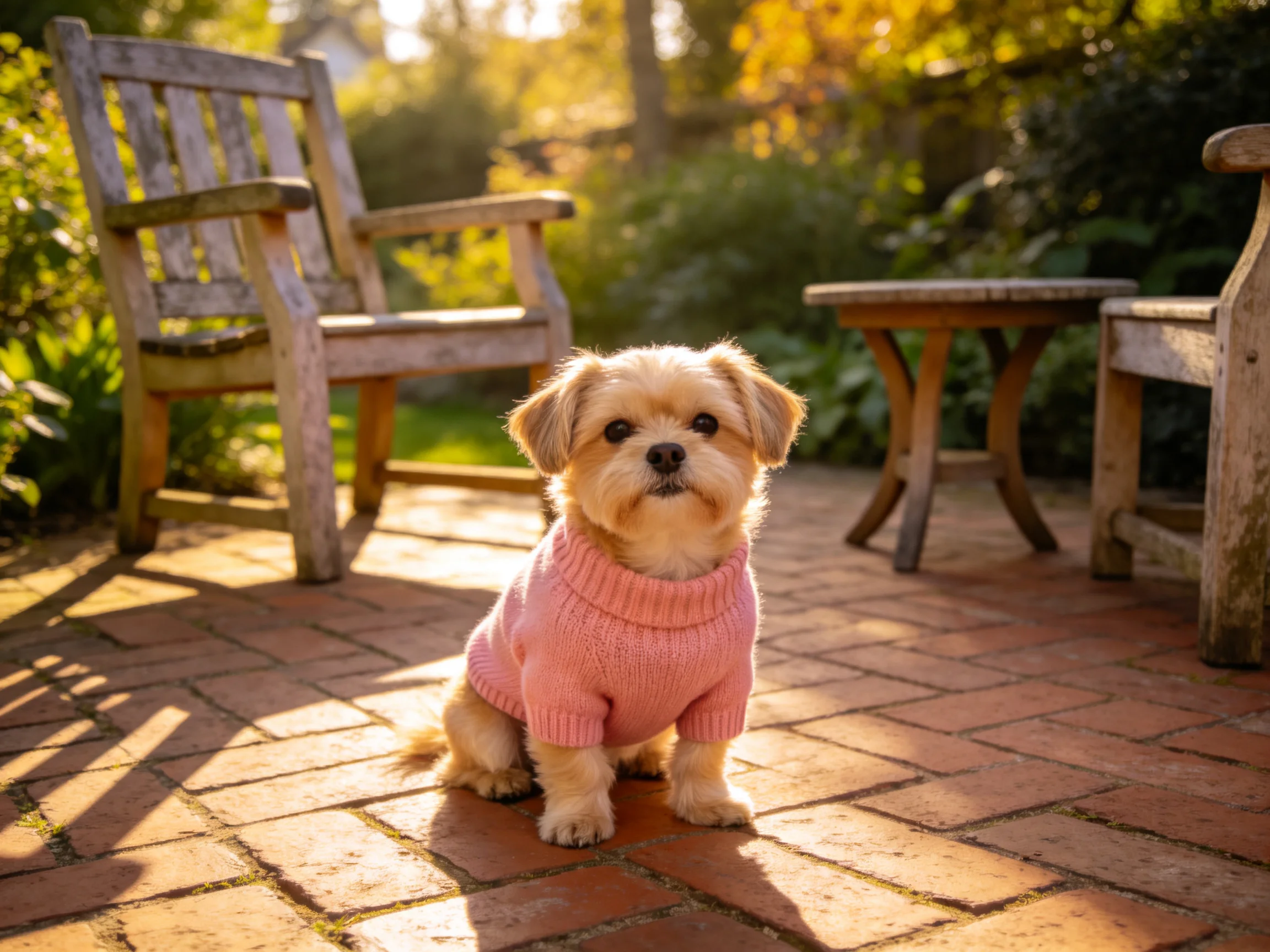 A small dog in a pink sweater sits on a brick patio with wooden furniture