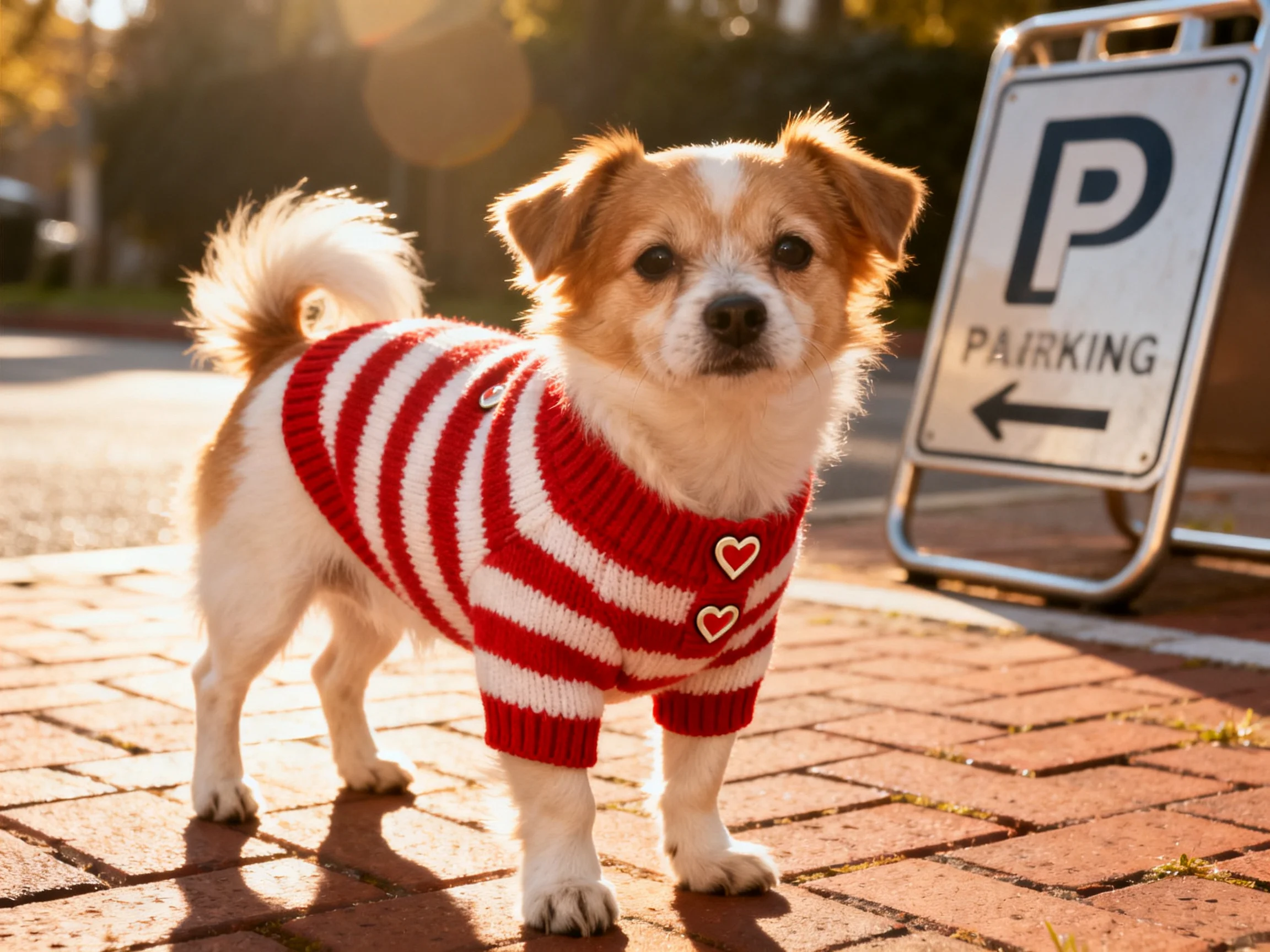 A small dog in a red and white striped sweater stands near a parking sign