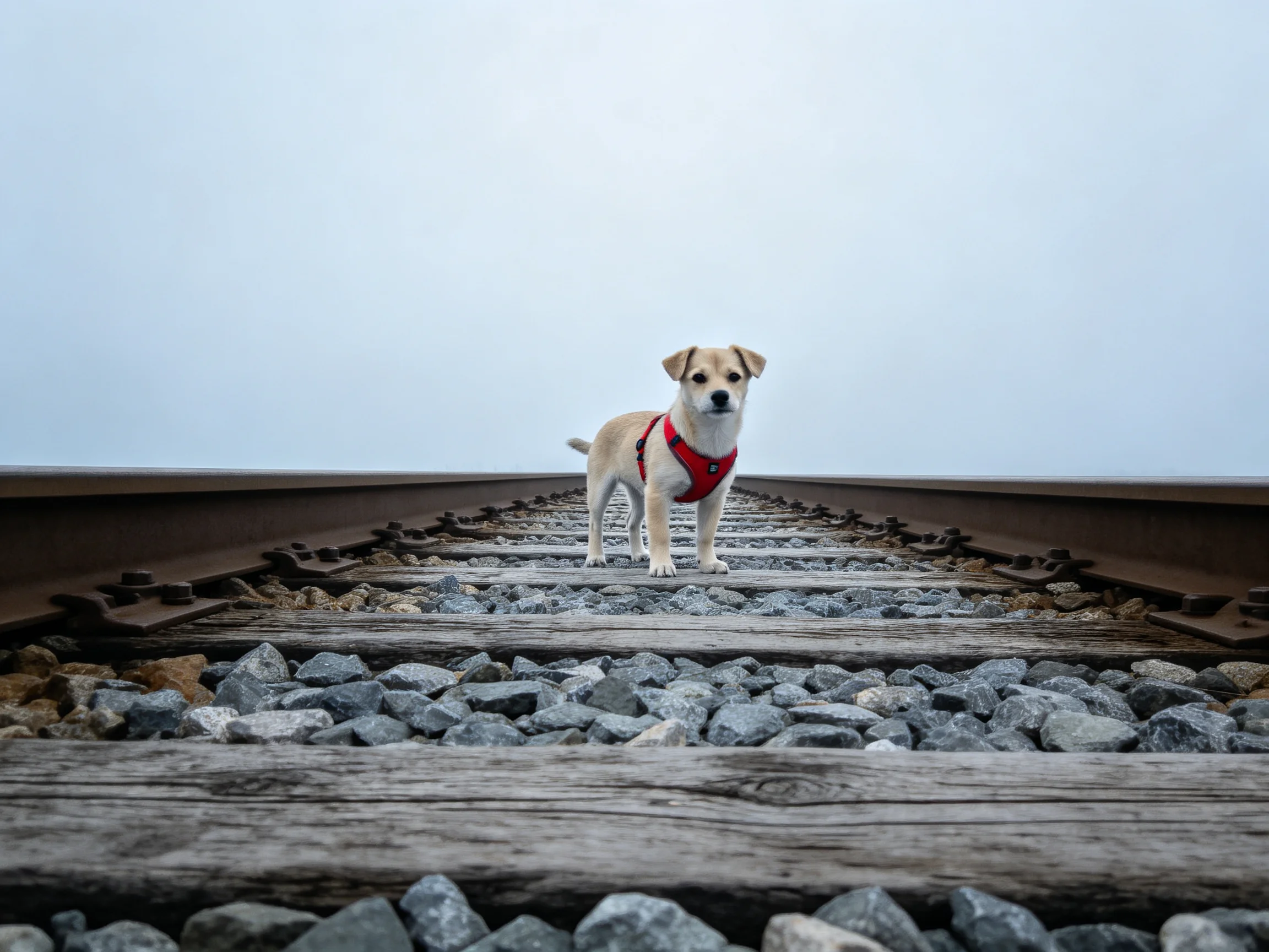 A small dog in a red harness stands on weathered railroad tracks amid gravel and misty skies