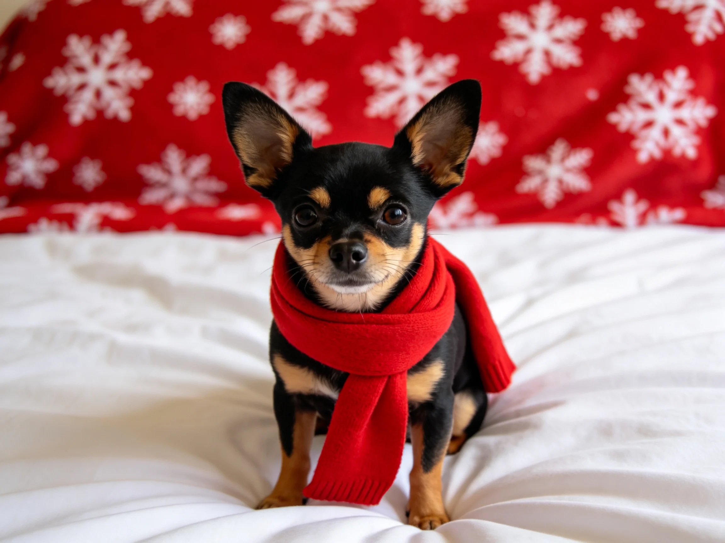 A small dog in a red scarf sits on white bedding with red snowflake fabric behind.