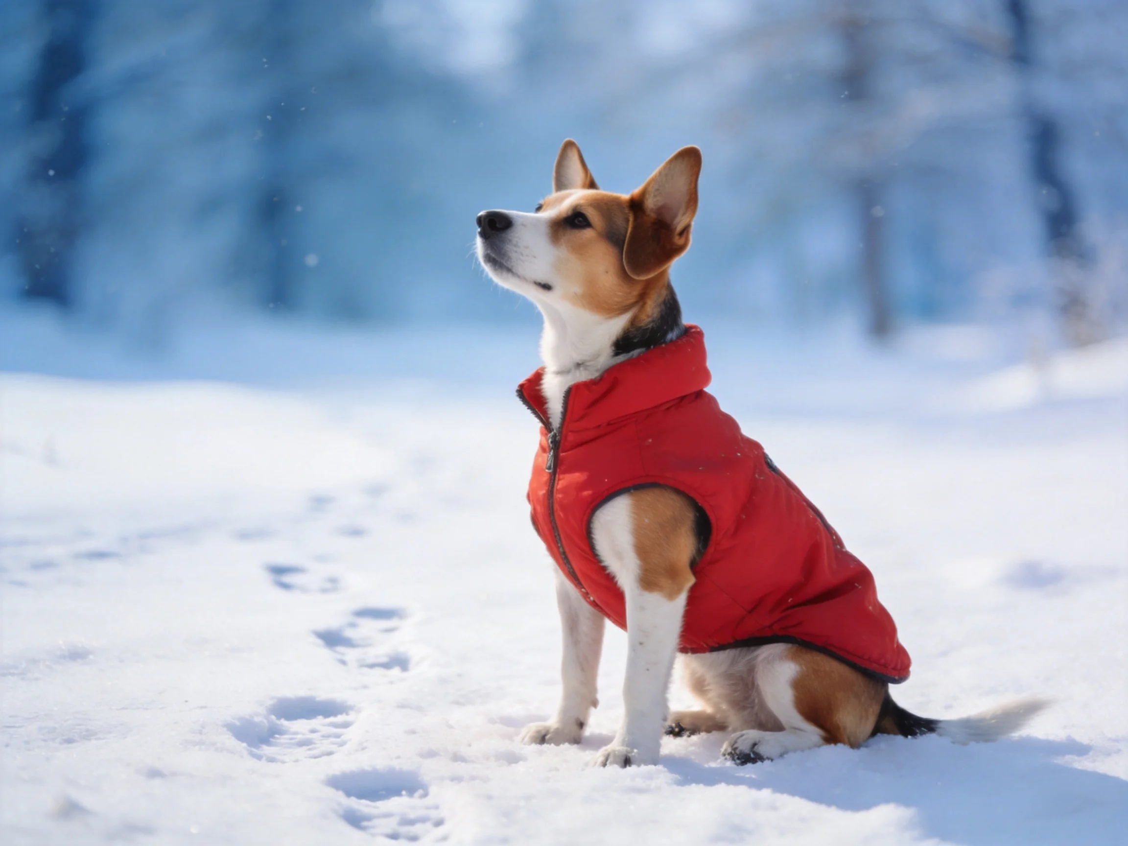 A dog in a red vest sits on snow in a wintry landscape.