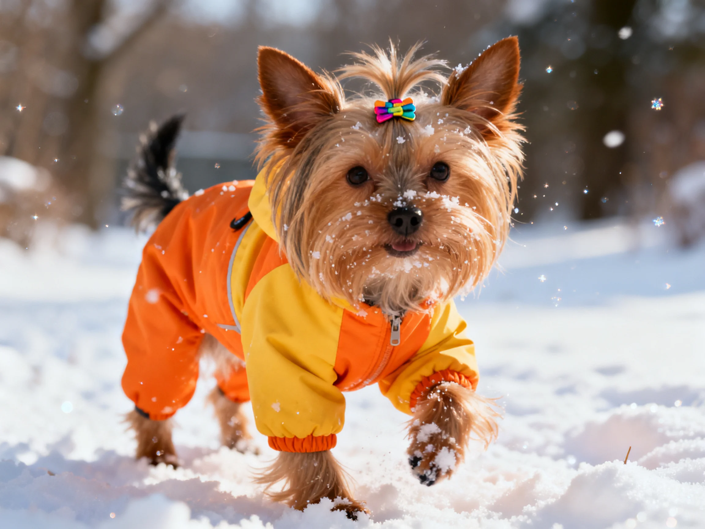 A small dog in a yellow-orange coat explores snowy terrain