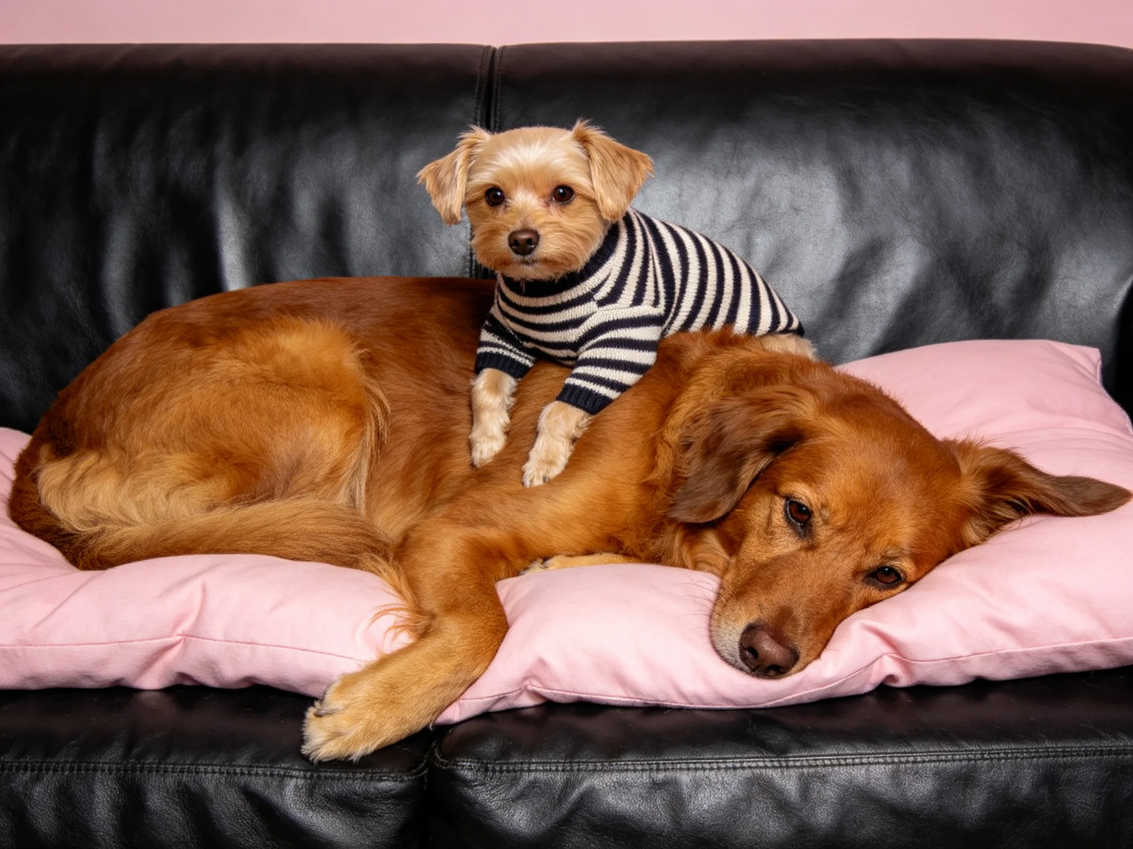 A small dog in stripes rests atop a large brown dog on a pink cushioned black sofa