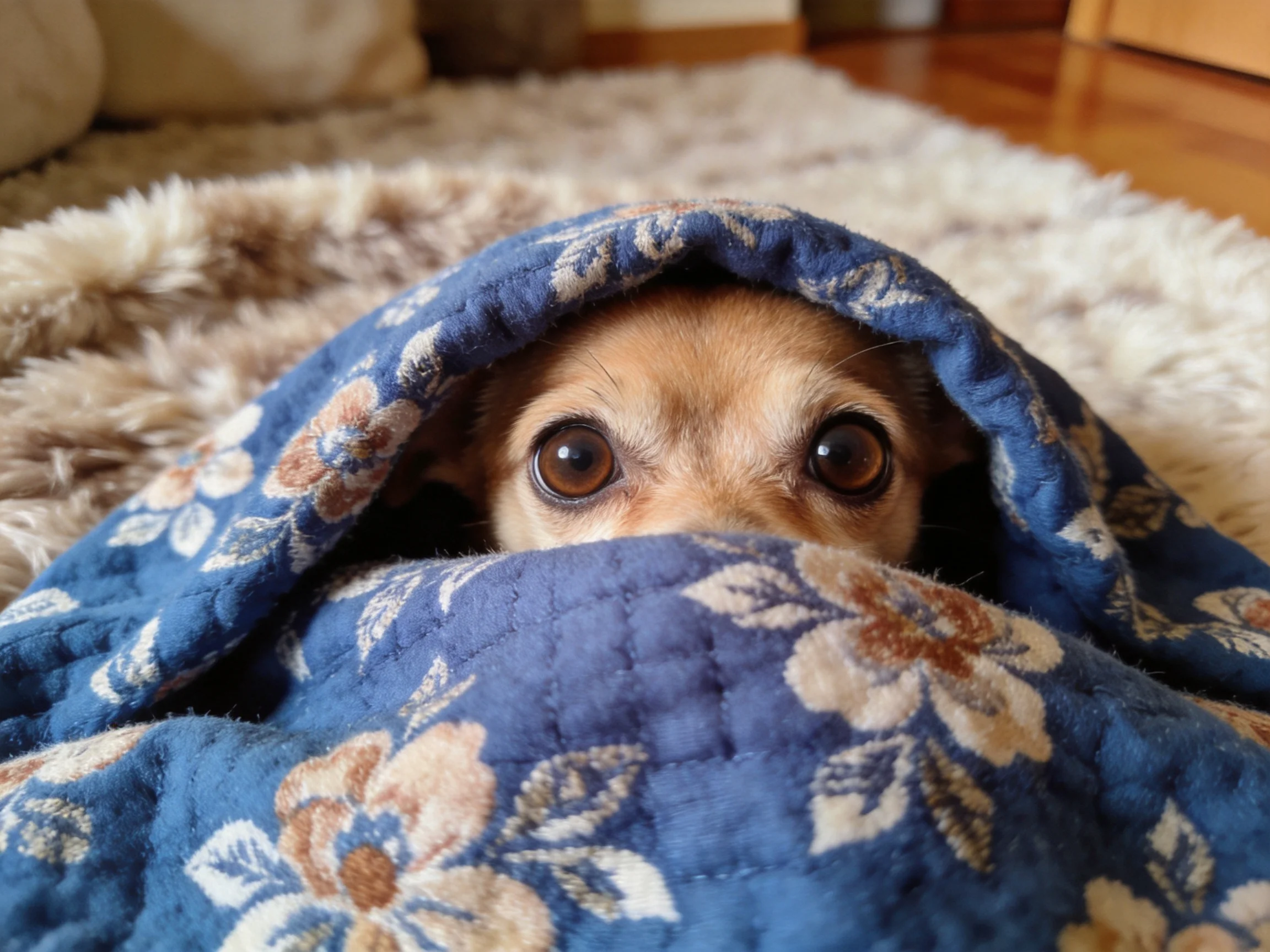 A dog peeks out from under a blue floral blanket in a cozy indoor setting.