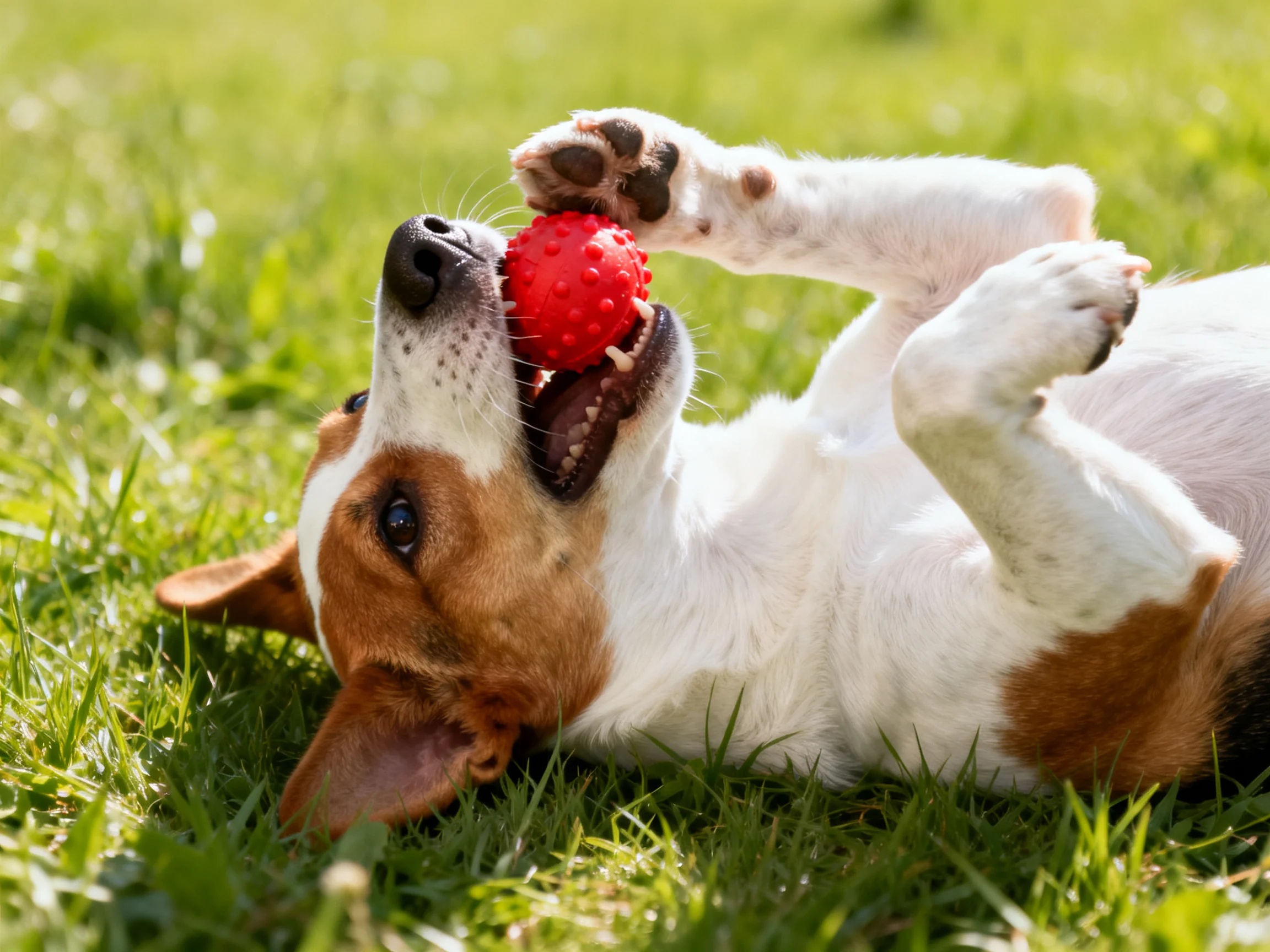 A small dog plays with a red spiky ball on green grass