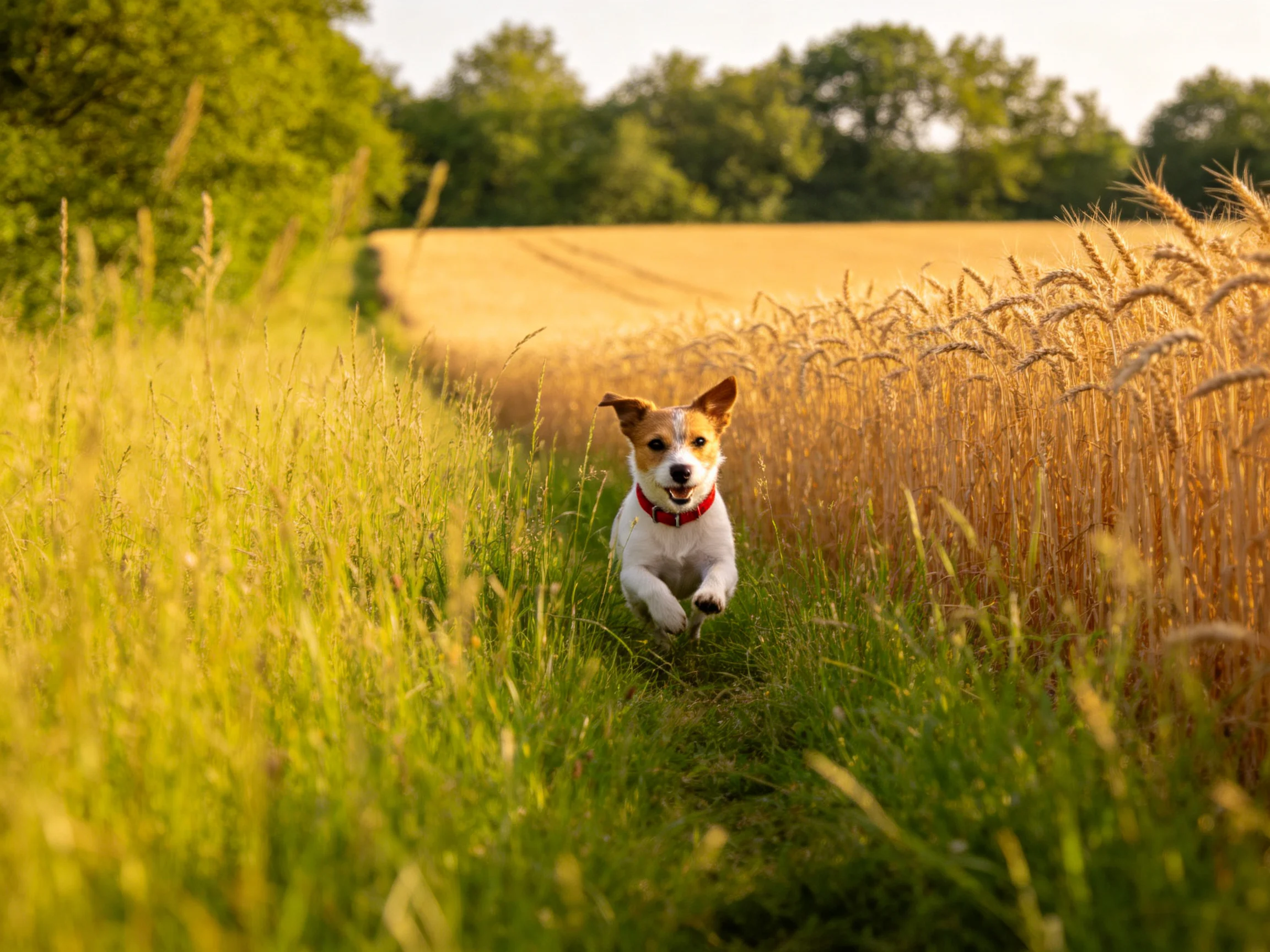 A small dog runs through golden wheat and verdant meadows
