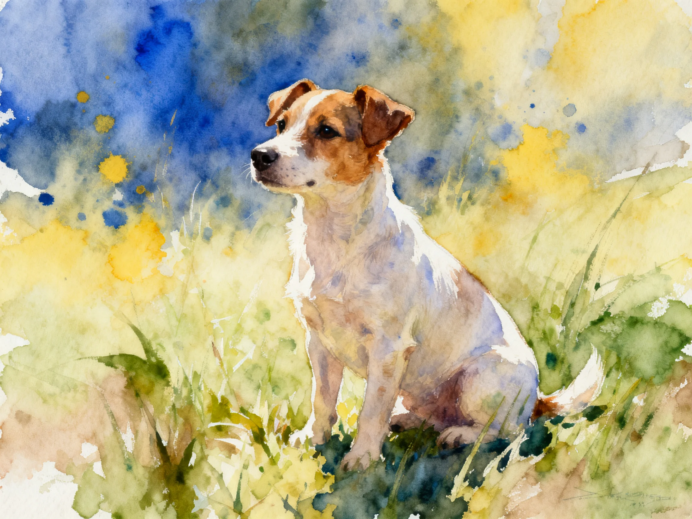 A small dog sits in a field of tall grass with blue and yellow surroundings.