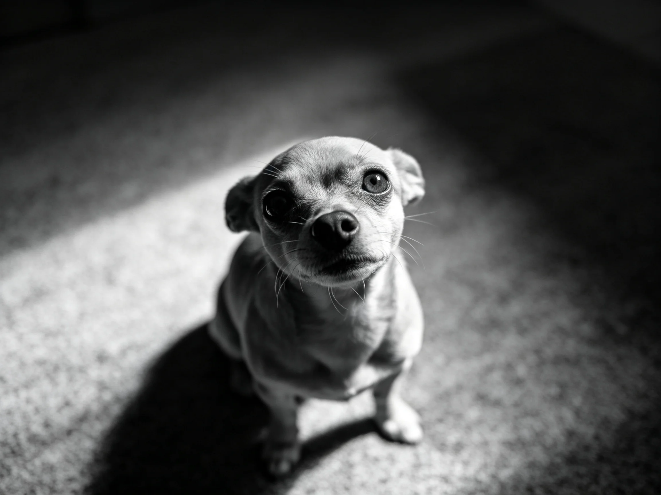 A small dog sits in stark monochrome lighting on a textured carpet