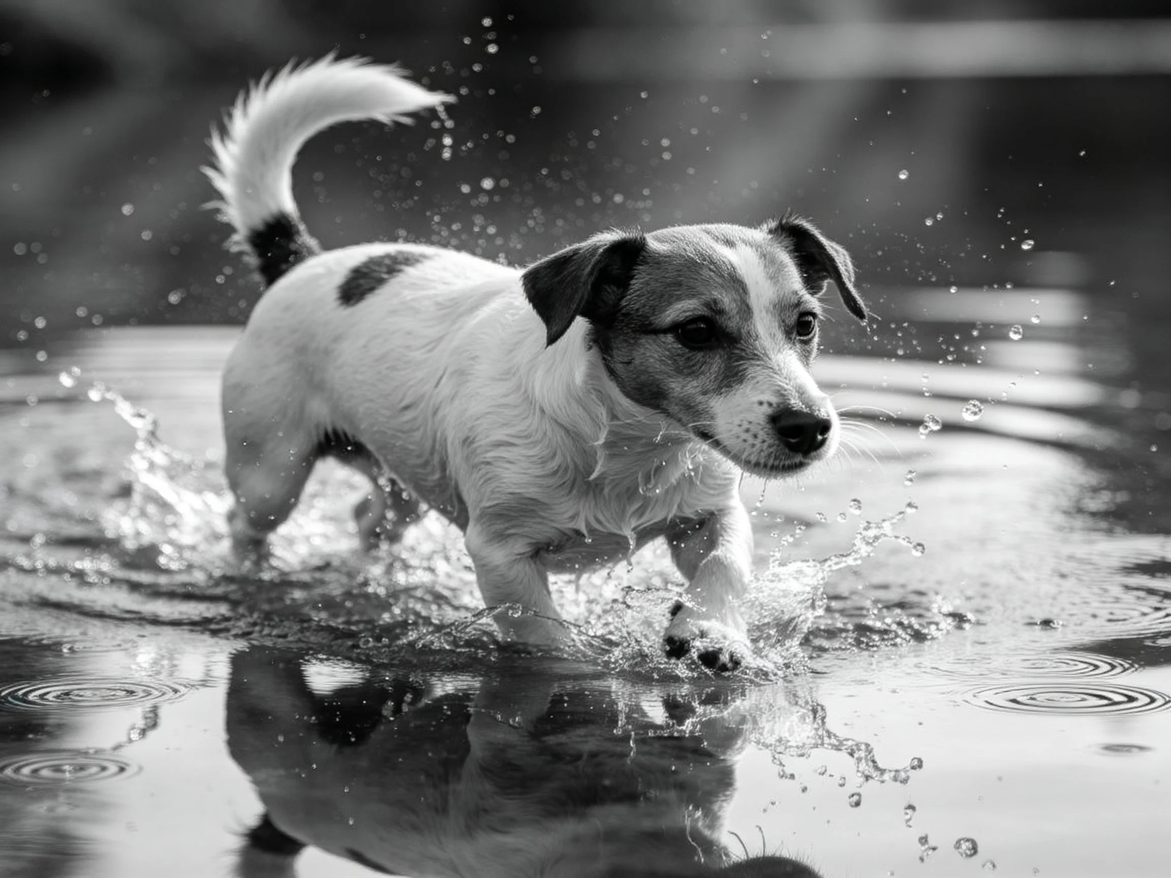 A small dog splashing energetically in shallow water