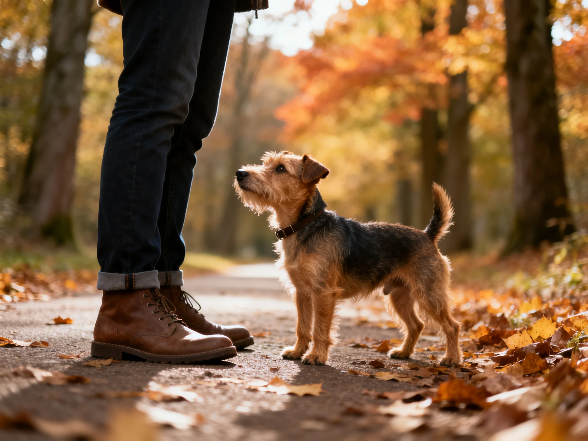 A small dog stands near a person’s legs on a leaf-covered autumn path.