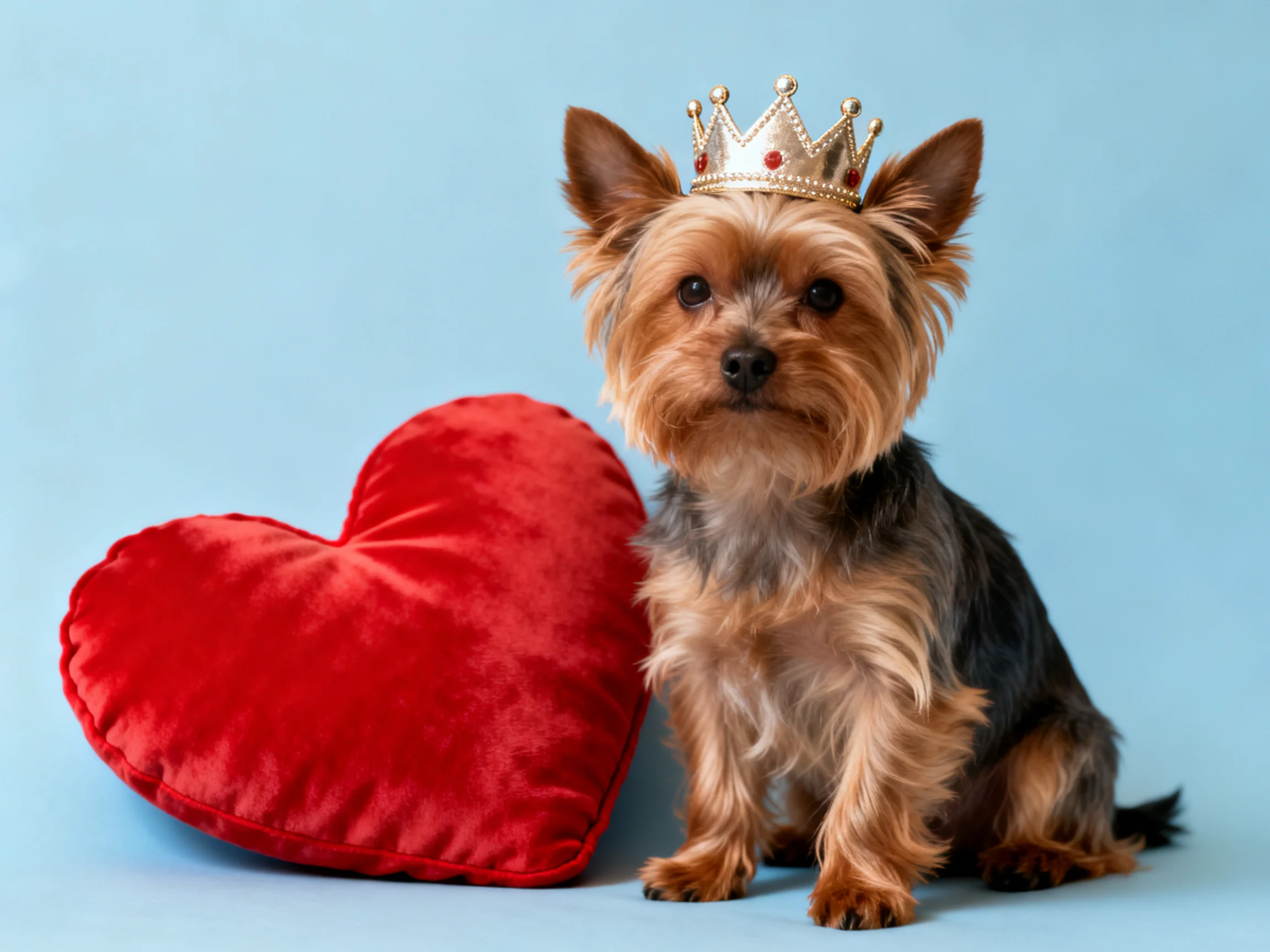 A small dog wearing a golden crown sits beside a large red heart pillow