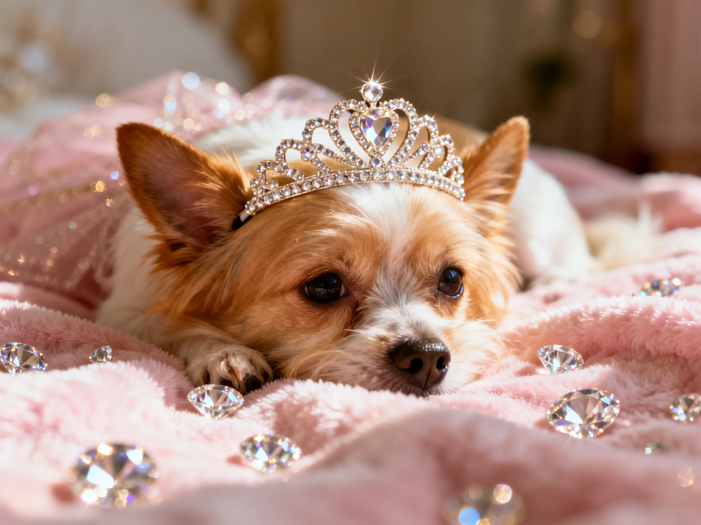 A small dog wearing a jeweled tiara lies on a pink blanket with scattered gemstones