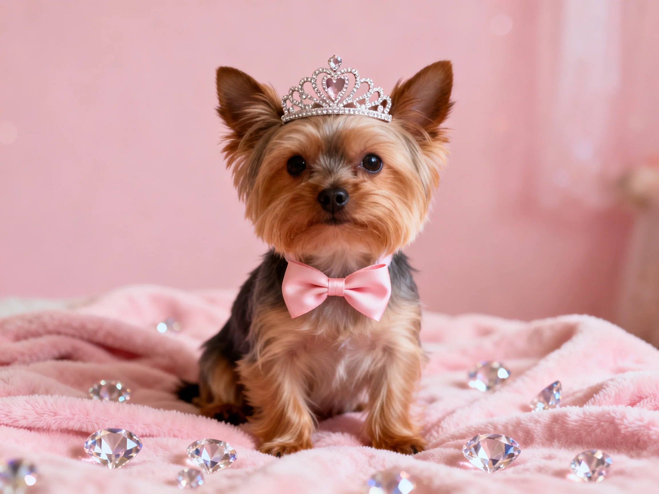 A small dog wearing a tiara and pink bow tie sits on a pink blanket with diamonds
