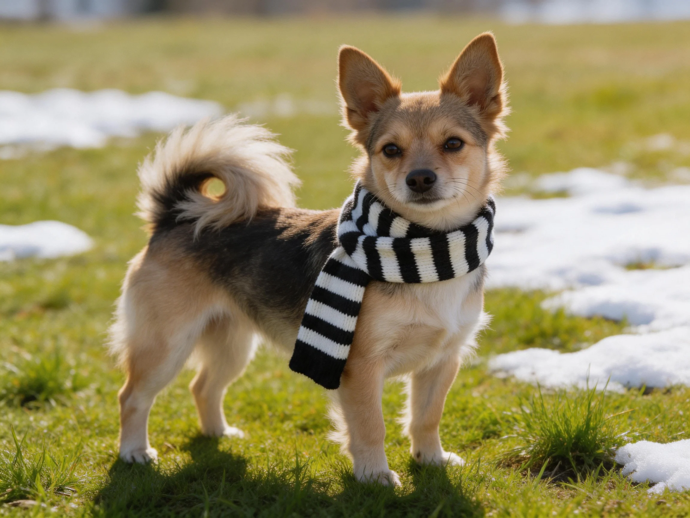 A small dog with a black and white scarf stands on grass with patches of snow.
