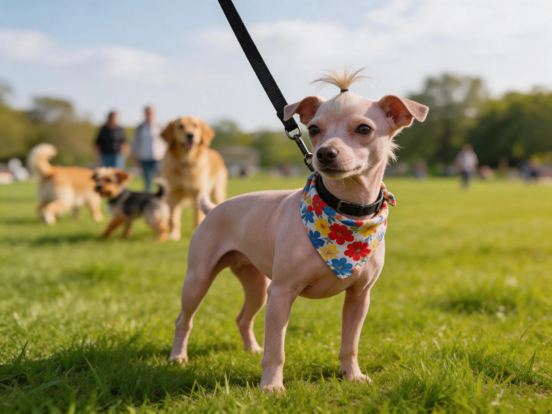 A small dog with a colorful bandana among golden retrievers in a sunny park